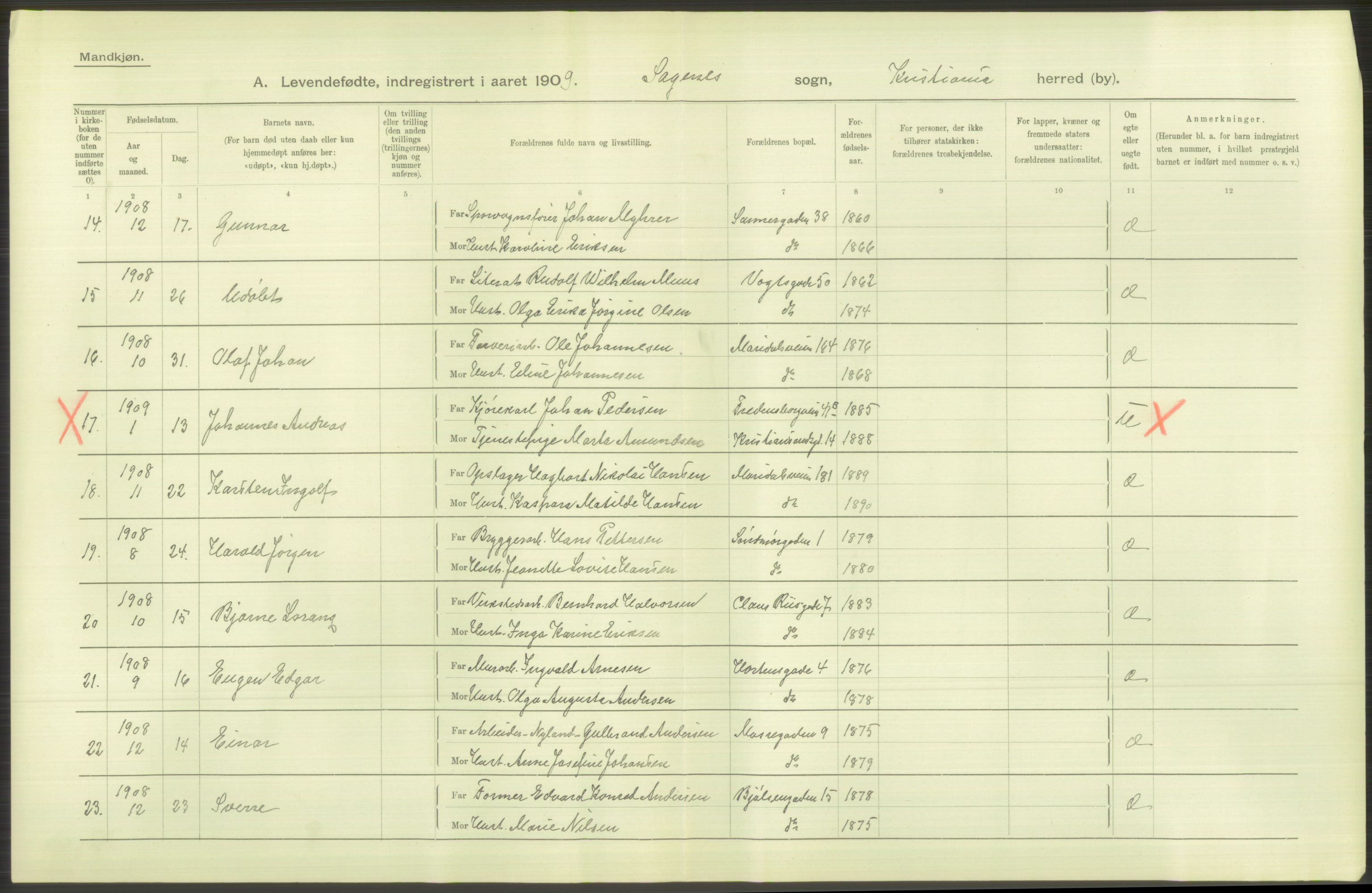 Statistisk sentralbyrå, Sosiodemografiske emner, Befolkning, RA/S-2228/D/Df/Dfa/Dfag/L0007: Kristiania: Levendefødte menn og kvinner., 1909, p. 320