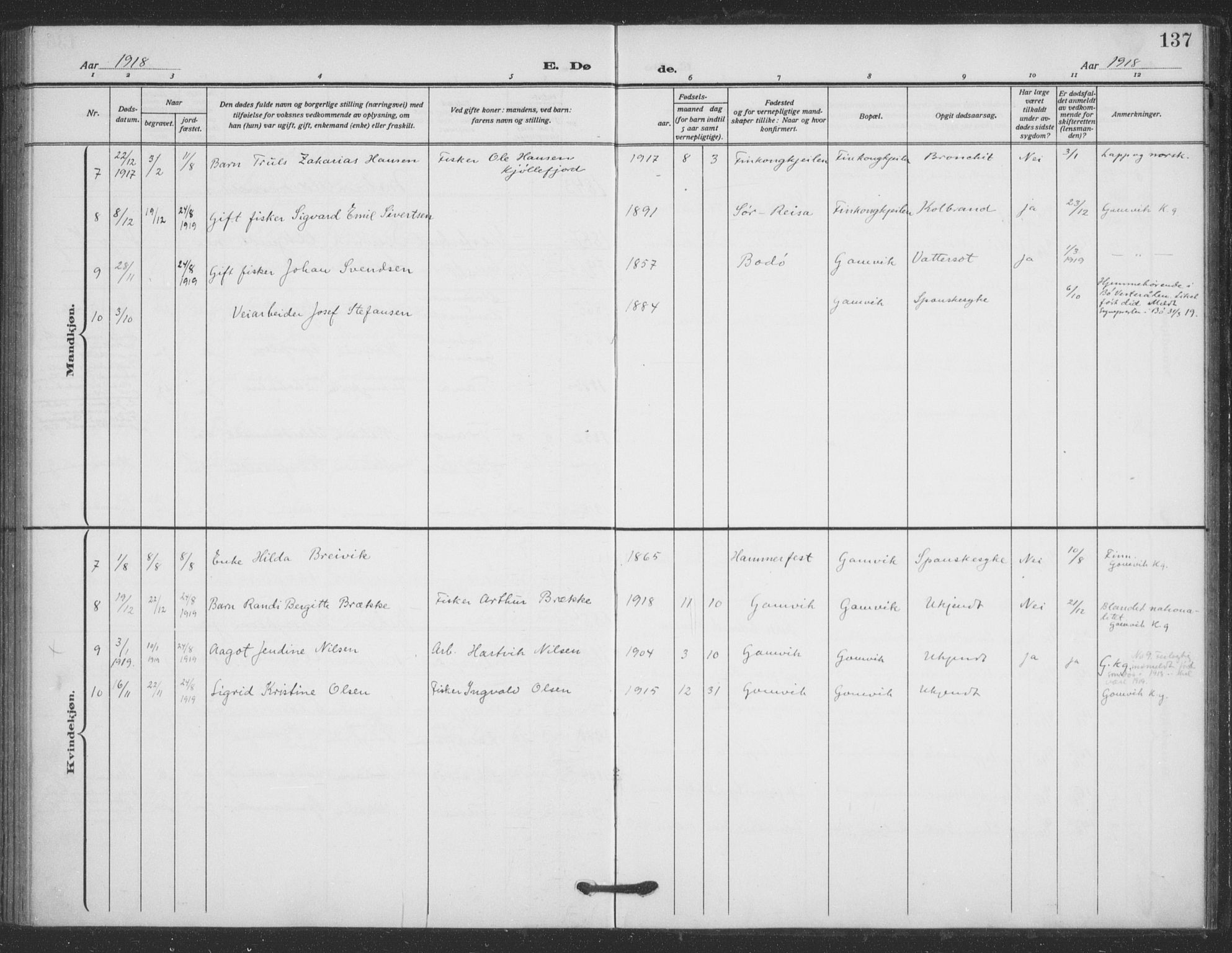 Tana sokneprestkontor, AV/SATØ-S-1334/H/Ha/L0008kirke: Parish register (official) no. 8, 1908-1920, p. 137