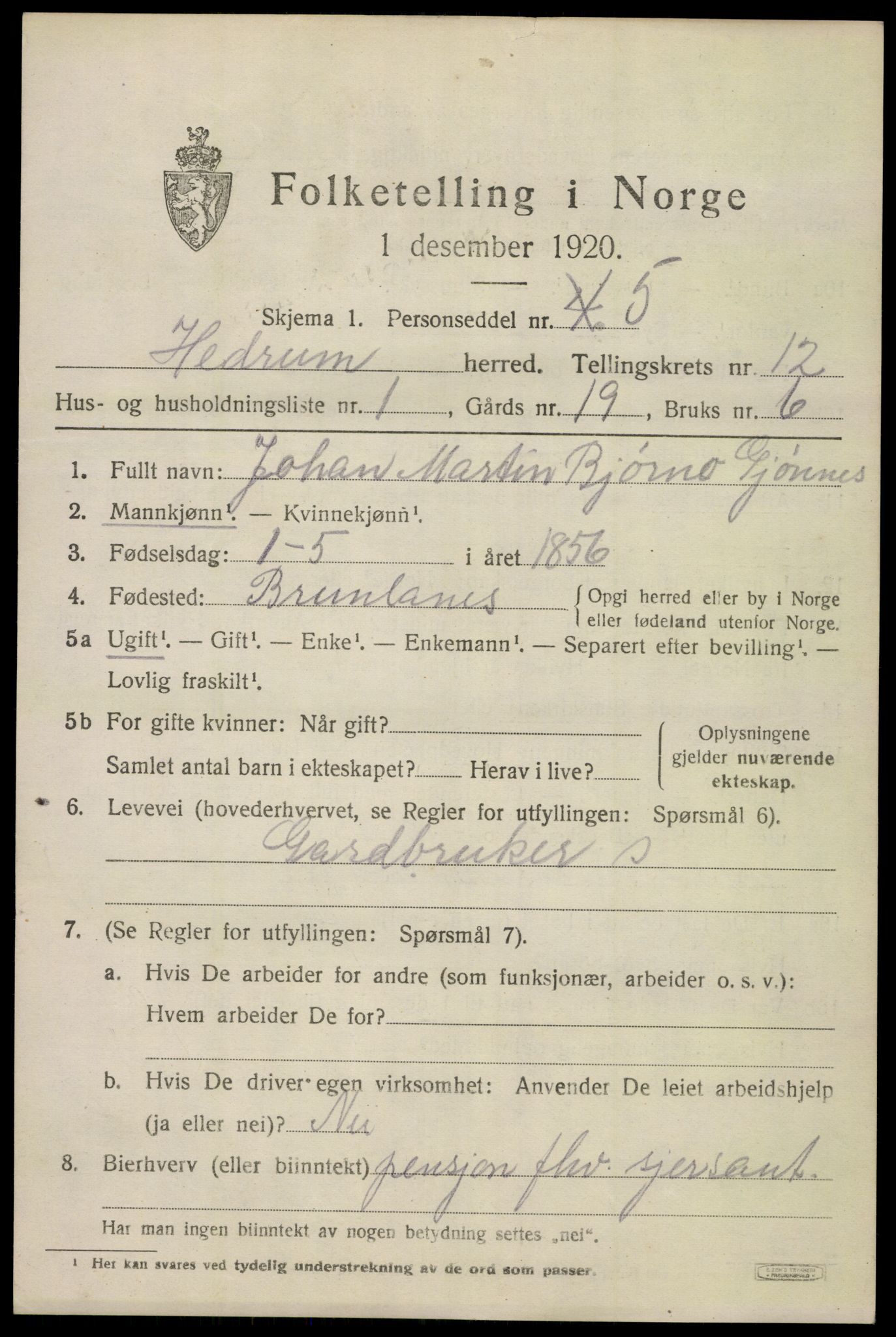 SAKO, 1920 census for Hedrum, 1920, p. 8029