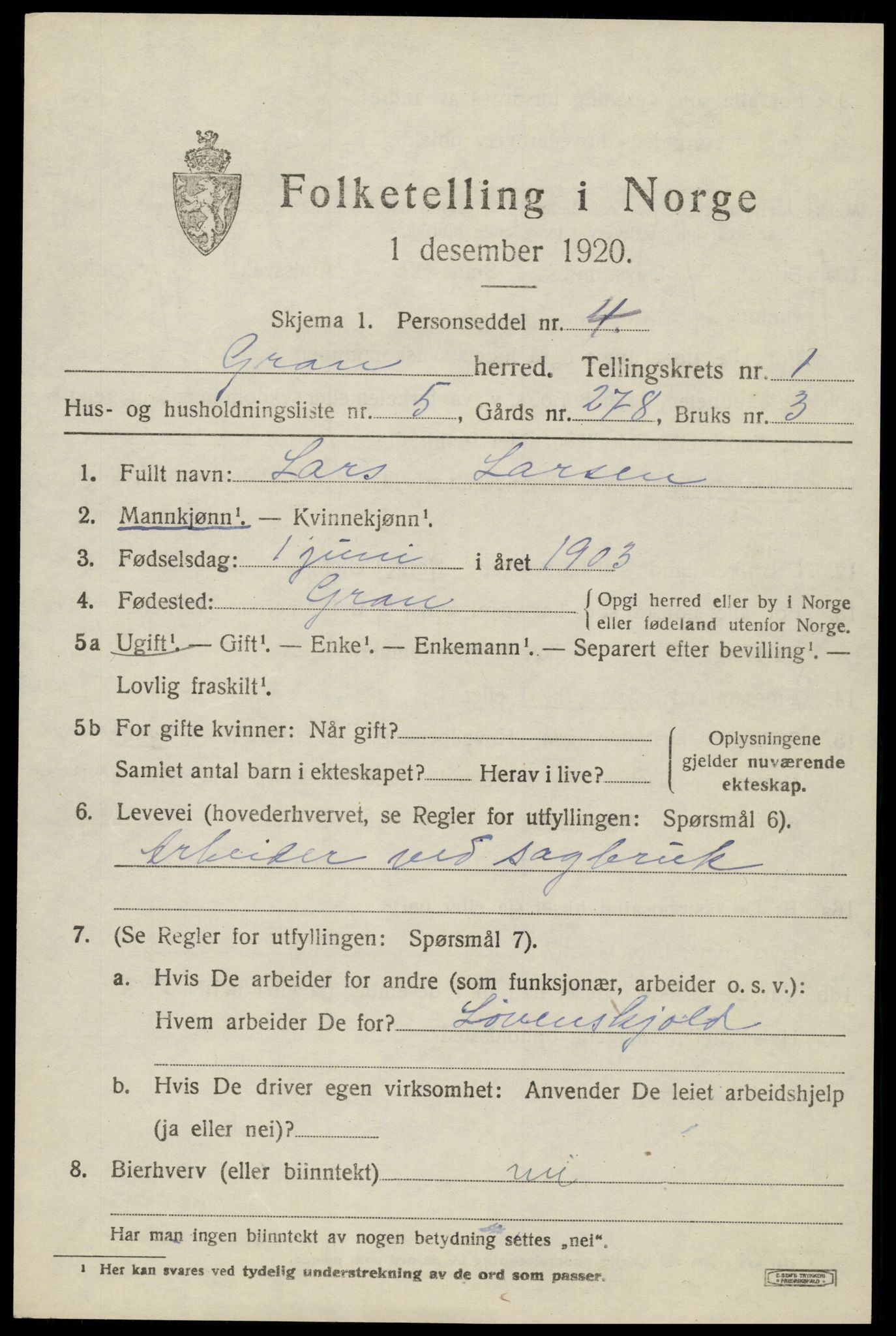 SAH, 1920 census for Gran, 1920, p. 1736