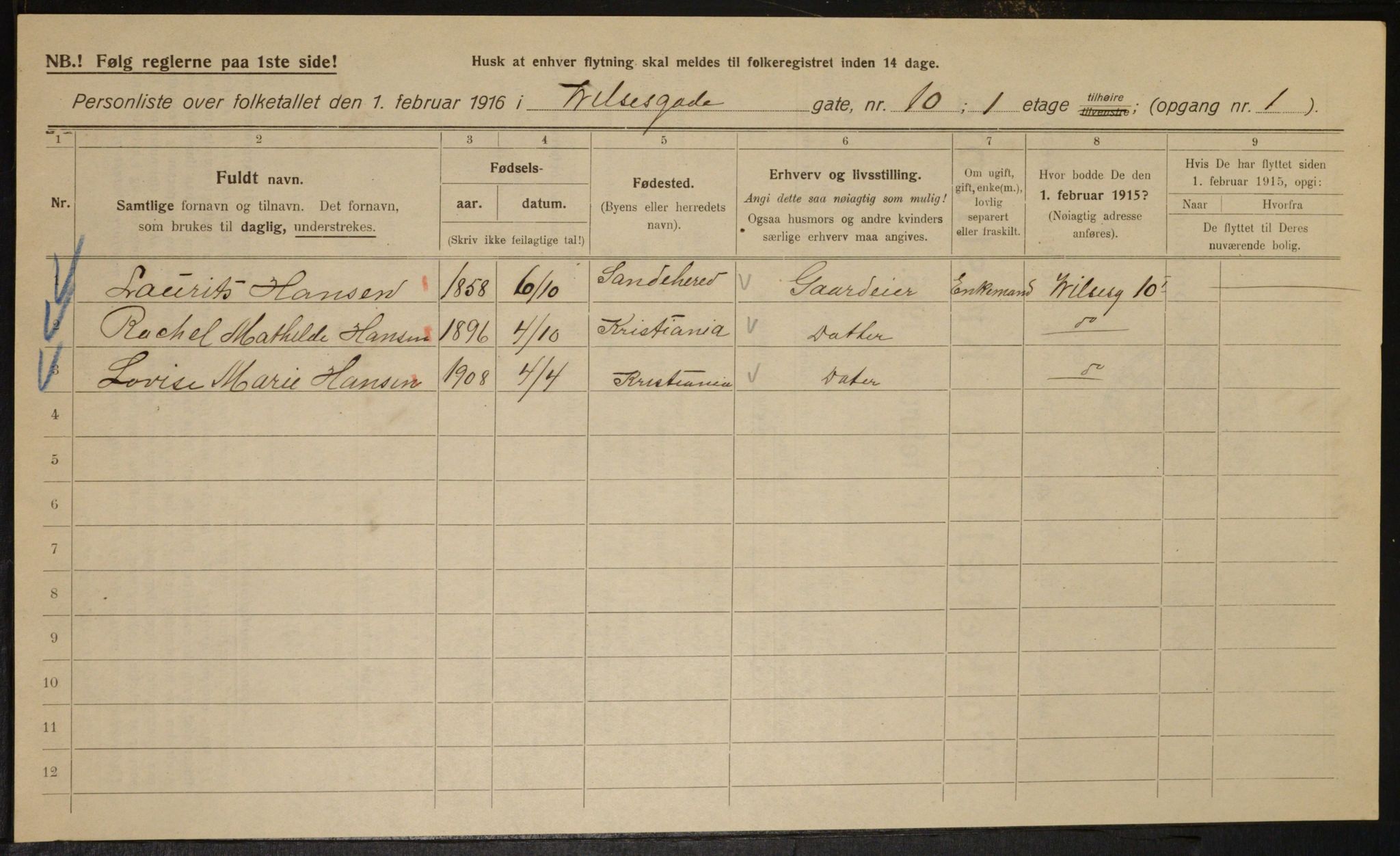 OBA, Municipal Census 1916 for Kristiania, 1916, p. 132168