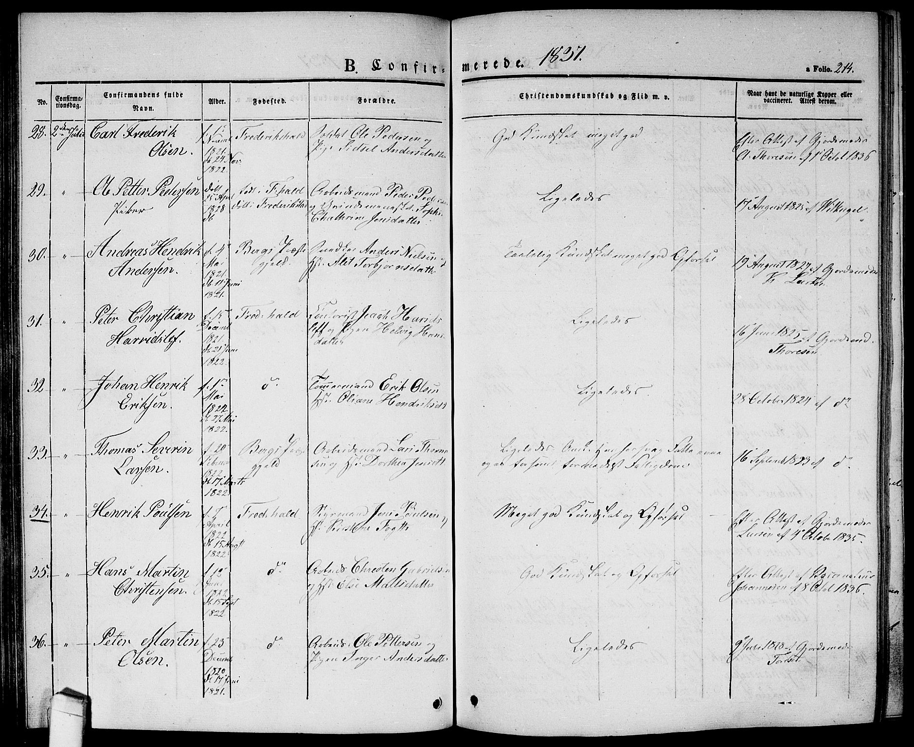 Halden prestekontor Kirkebøker, SAO/A-10909/G/Ga/L0003: Parish register (copy) no. 3, 1834-1844, p. 214