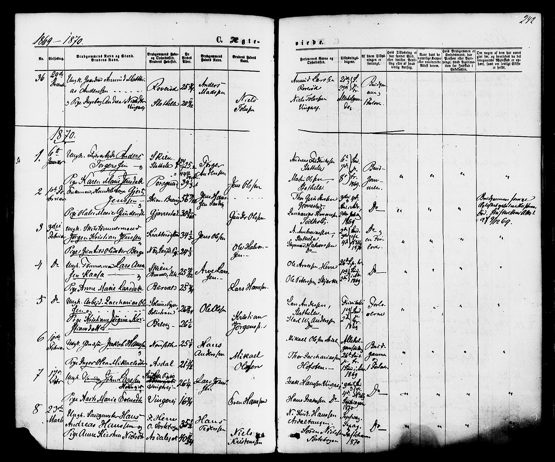 Bamble kirkebøker, SAKO/A-253/F/Fa/L0006: Parish register (official) no. I 6, 1869-1877, p. 242