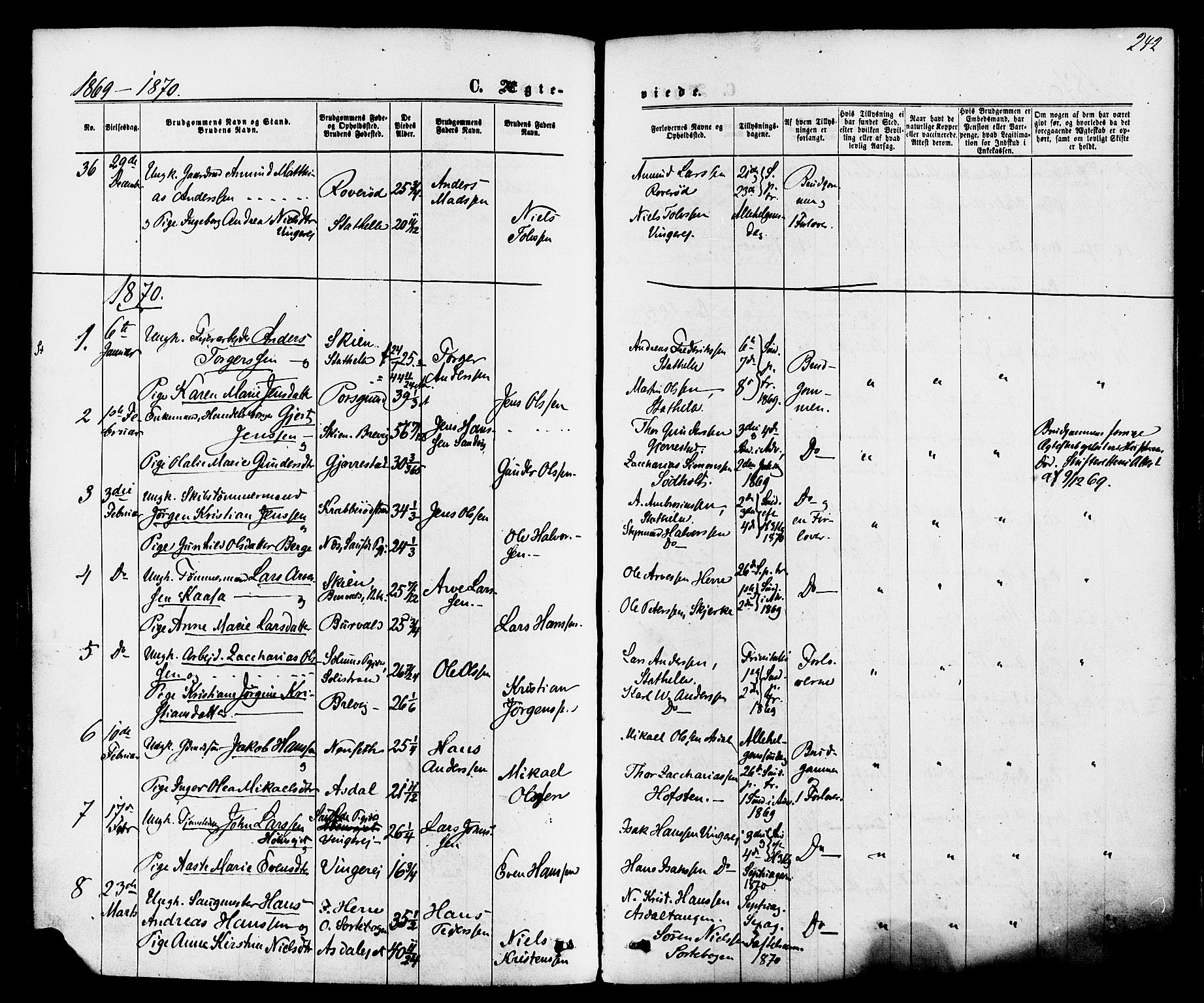 Bamble kirkebøker, AV/SAKO-A-253/F/Fa/L0006: Parish register (official) no. I 6, 1869-1877, p. 242