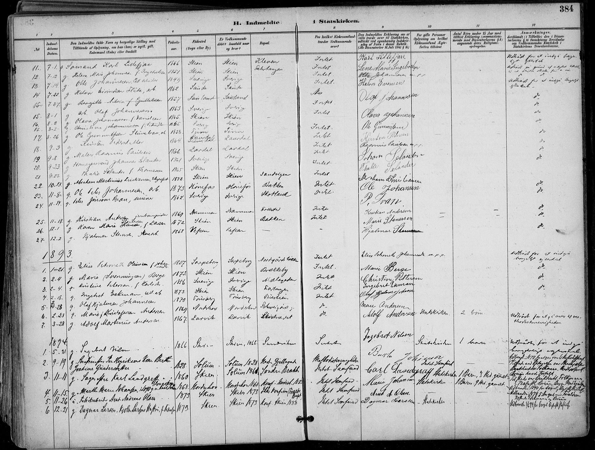Skien kirkebøker, SAKO/A-302/F/Fa/L0010: Parish register (official) no. 10, 1891-1899, p. 384