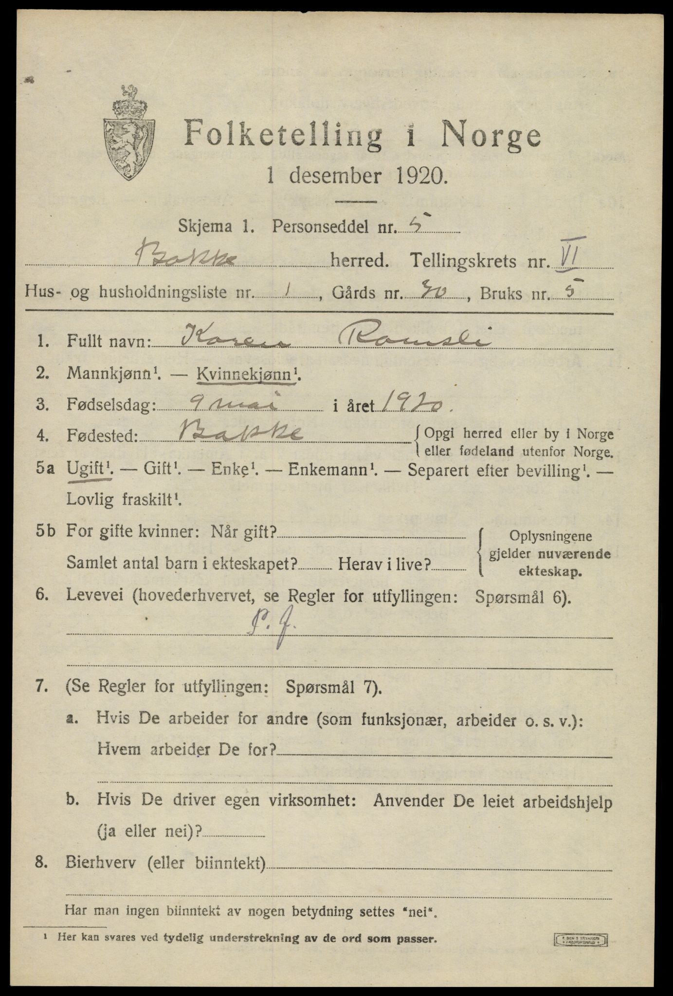 SAK, 1920 census for Bakke, 1920, p. 1822