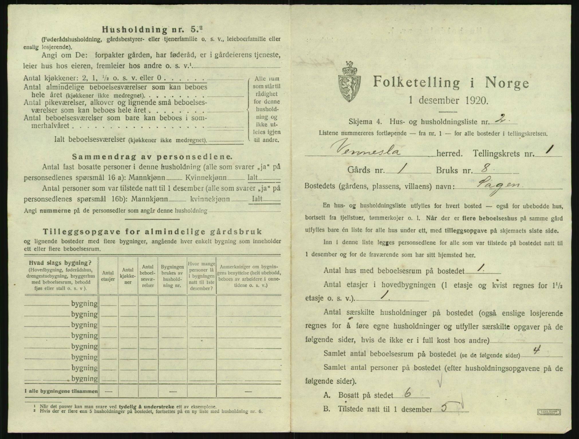 SAK, 1920 census for Vennesla, 1920, p. 46