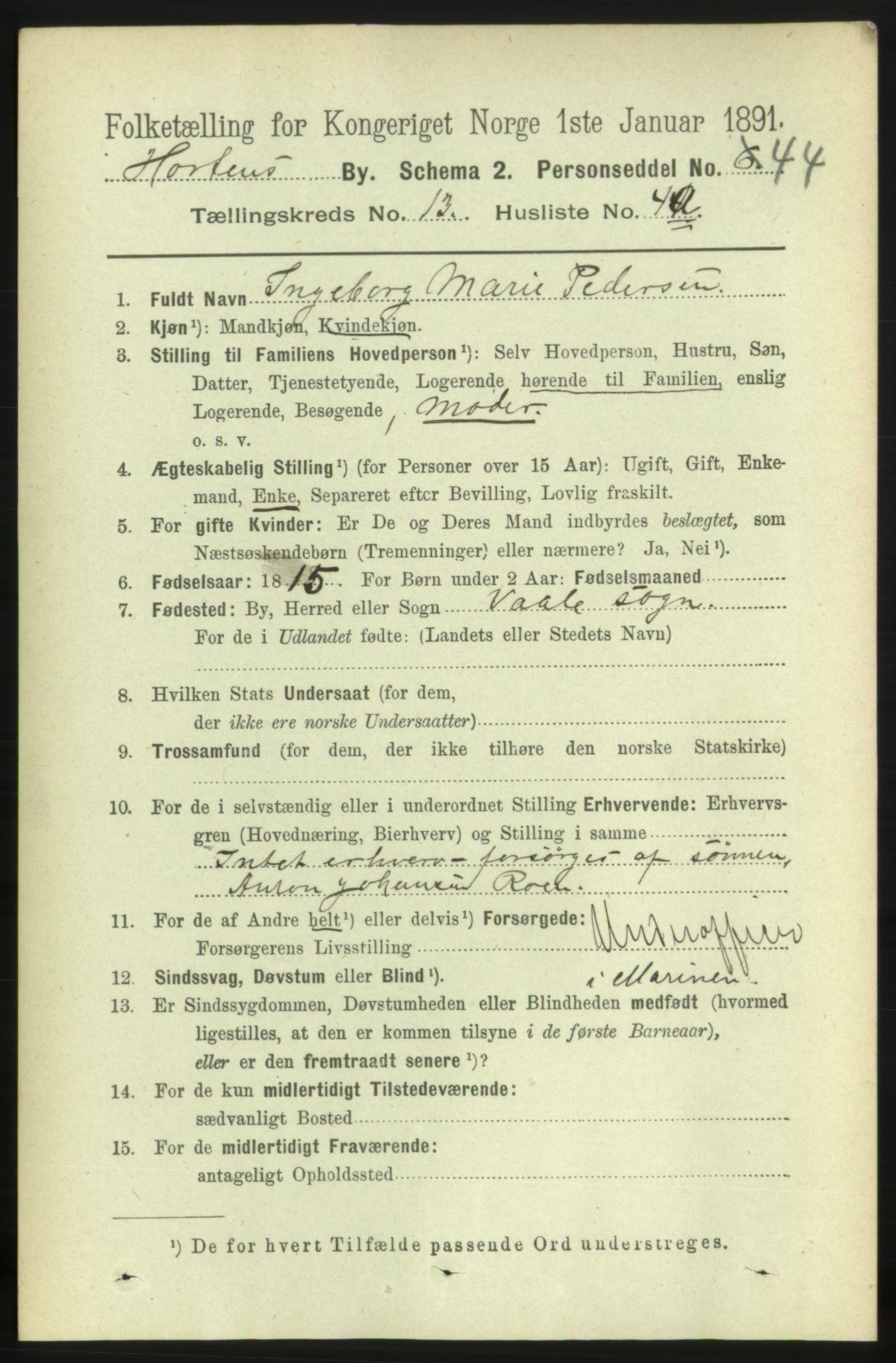 RA, 1891 census for 0703 Horten, 1891, p. 8139