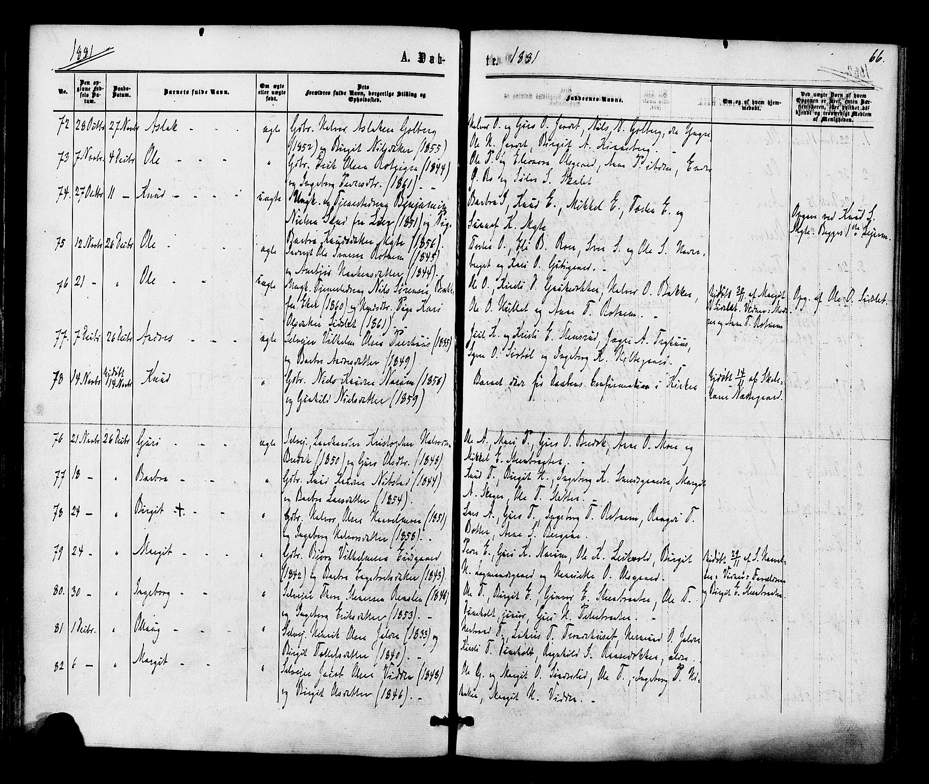 Gol kirkebøker, SAKO/A-226/F/Fa/L0004: Parish register (official) no. I 4, 1876-1886, p. 66
