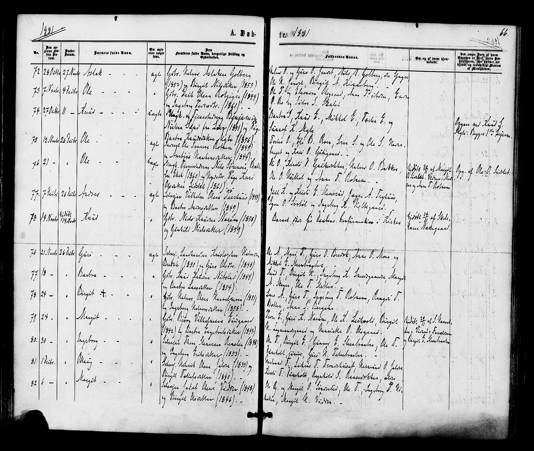 Gol kirkebøker, AV/SAKO-A-226/F/Fa/L0004: Parish register (official) no. I 4, 1876-1886, p. 66