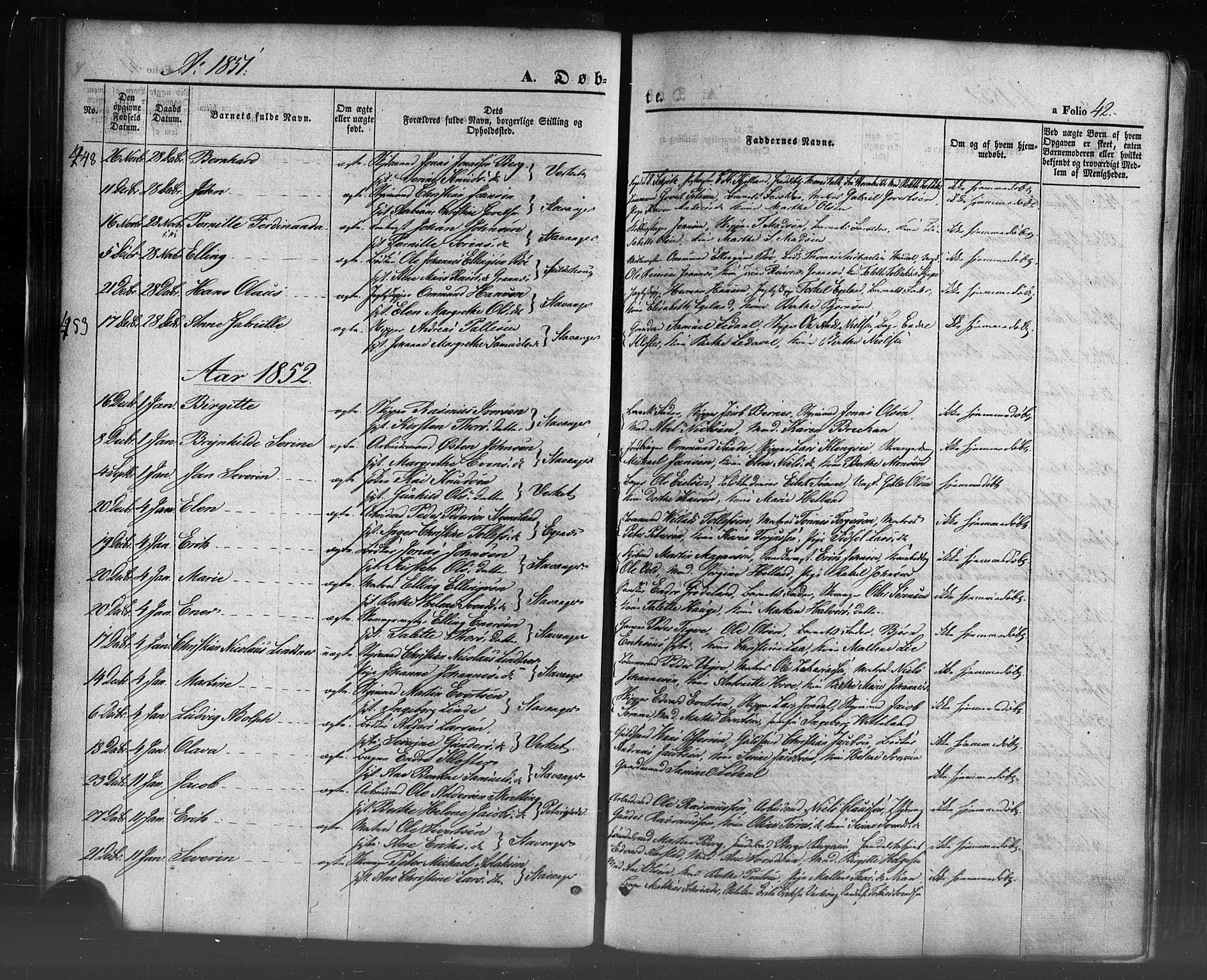 Domkirken sokneprestkontor, SAST/A-101812/001/30/30BB/L0009: Parish register (copy) no. B 9, 1850-1858, p. 42