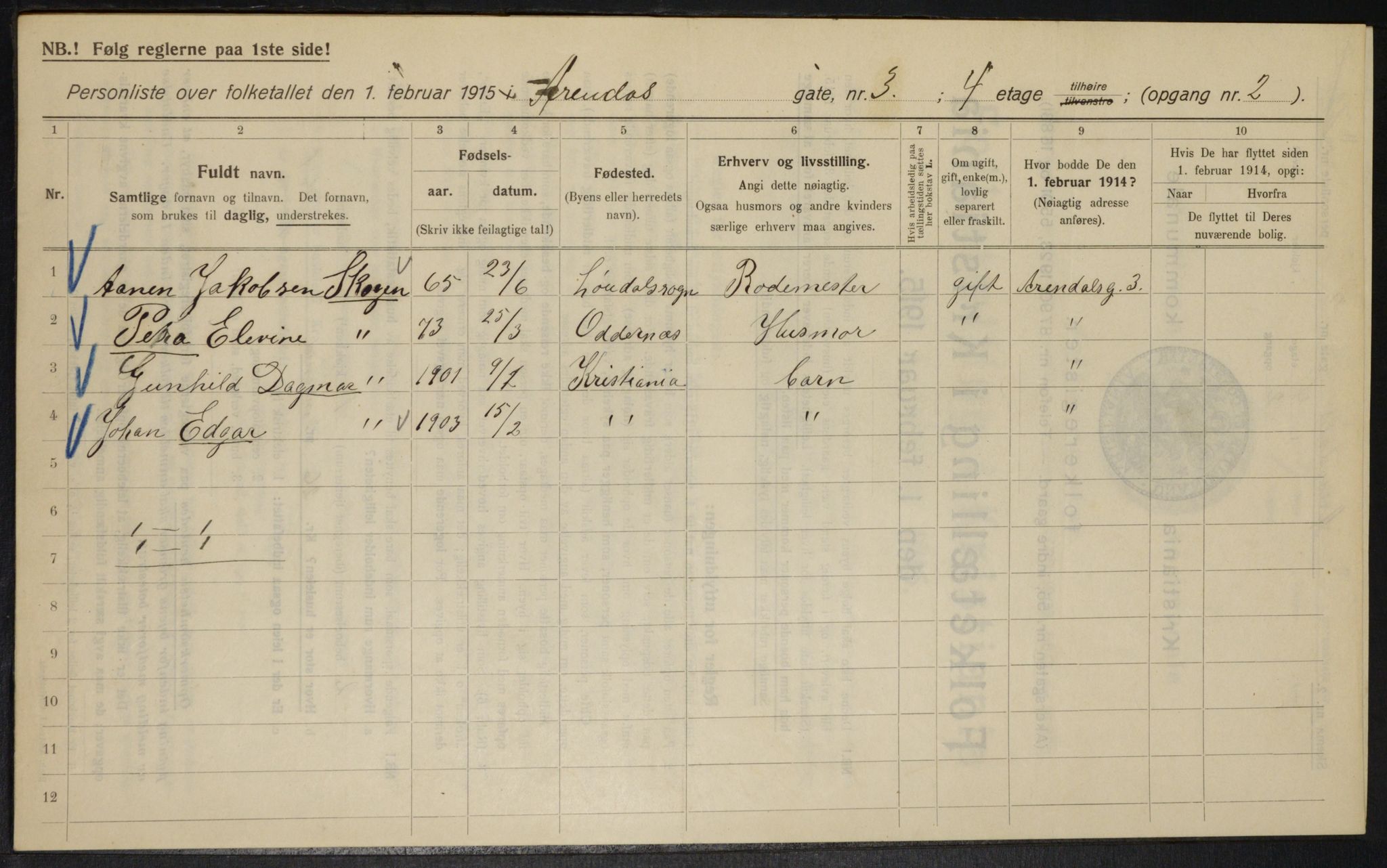 OBA, Municipal Census 1915 for Kristiania, 1915, p. 2215