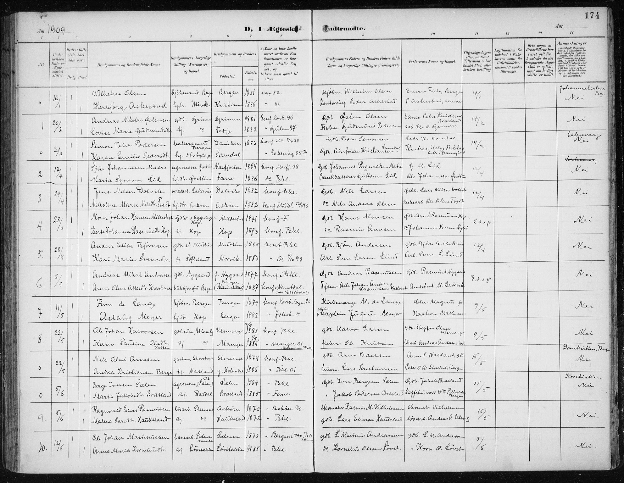 Fana Sokneprestembete, SAB/A-75101/H/Haa/Haai/L0003: Parish register (official) no. I 3, 1900-1912, p. 174