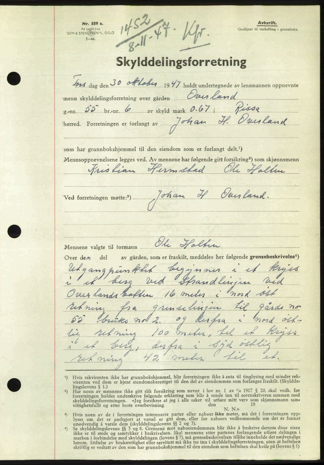 Fosen sorenskriveri, AV/SAT-A-1107/1/2/2C: Mortgage book no. A7-9, 1947-1949, Diary no: : 1452/1947