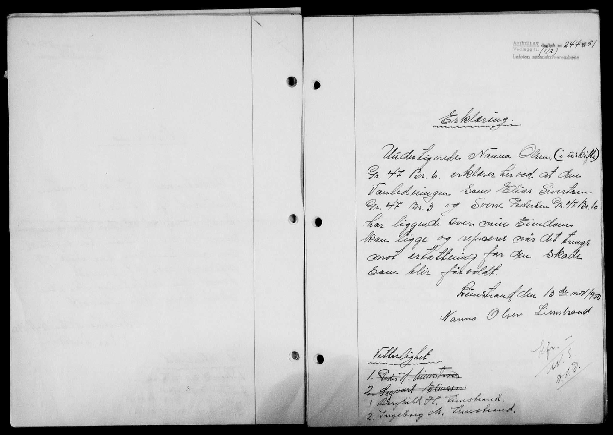 Lofoten sorenskriveri, SAT/A-0017/1/2/2C/L0025a: Mortgage book no. 25a, 1950-1951, Diary no: : 244/1951