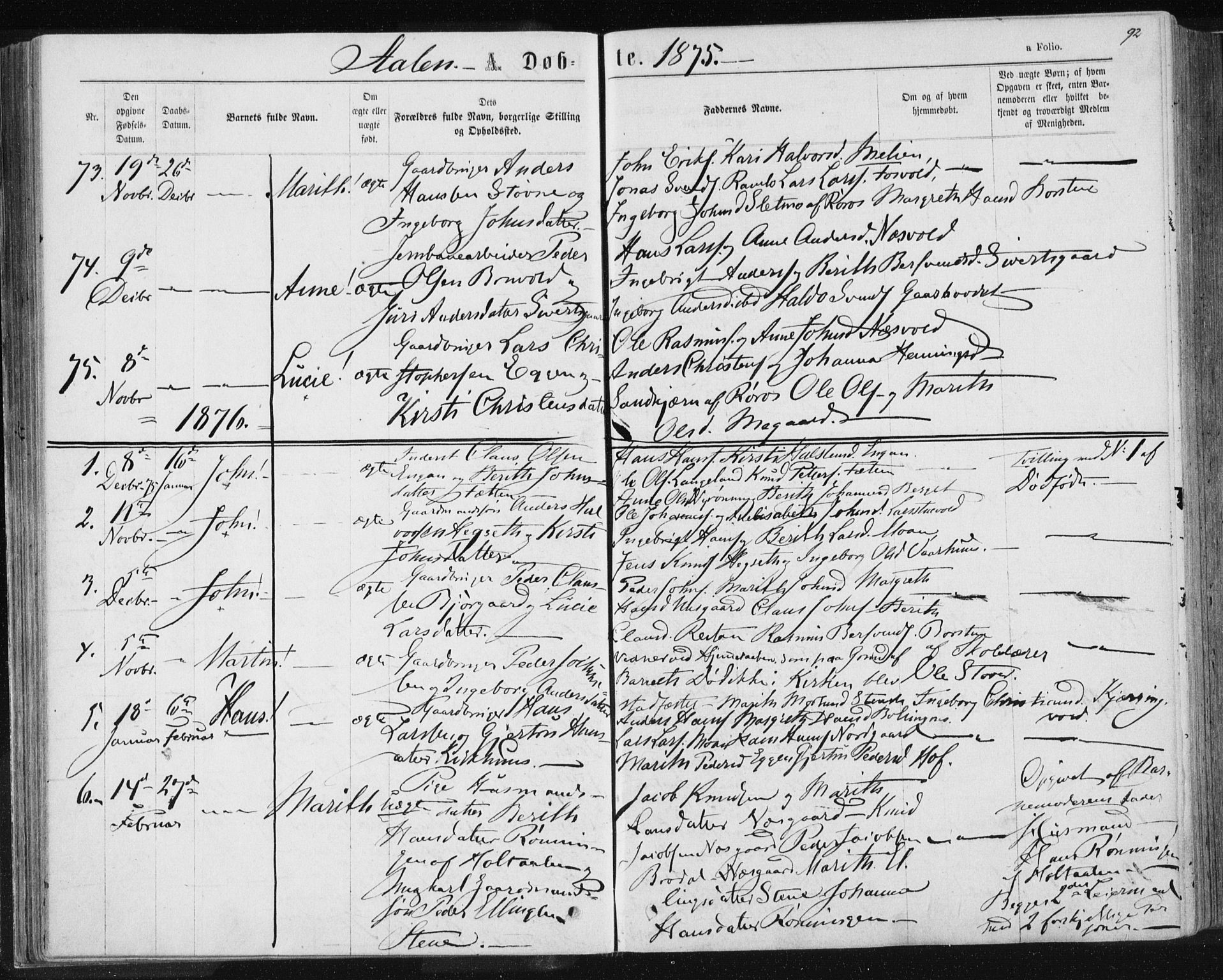 Ministerialprotokoller, klokkerbøker og fødselsregistre - Sør-Trøndelag, SAT/A-1456/685/L0971: Parish register (official) no. 685A08 /3, 1870-1879, p. 92