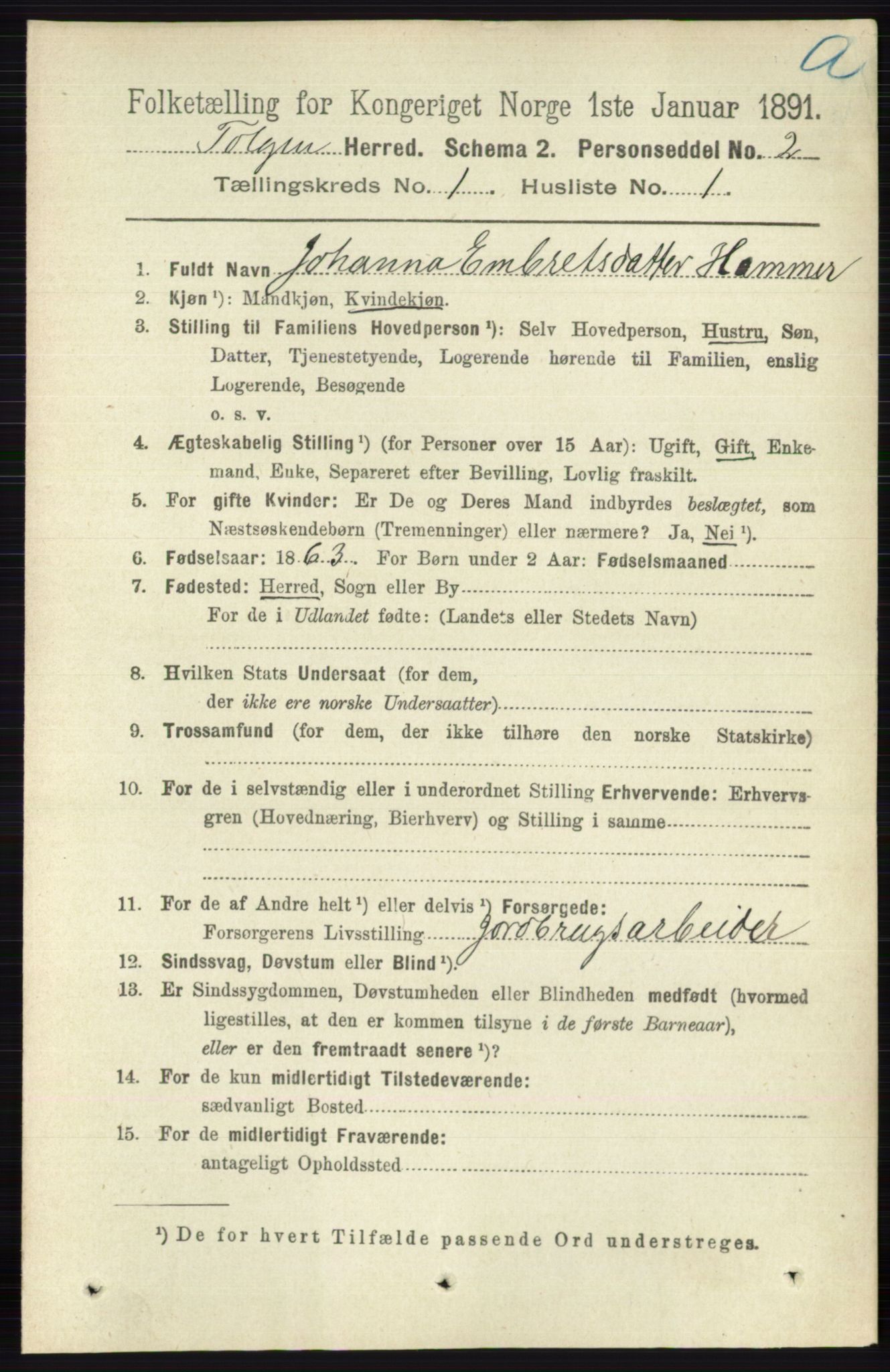 RA, 1891 census for 0436 Tolga, 1891, p. 72