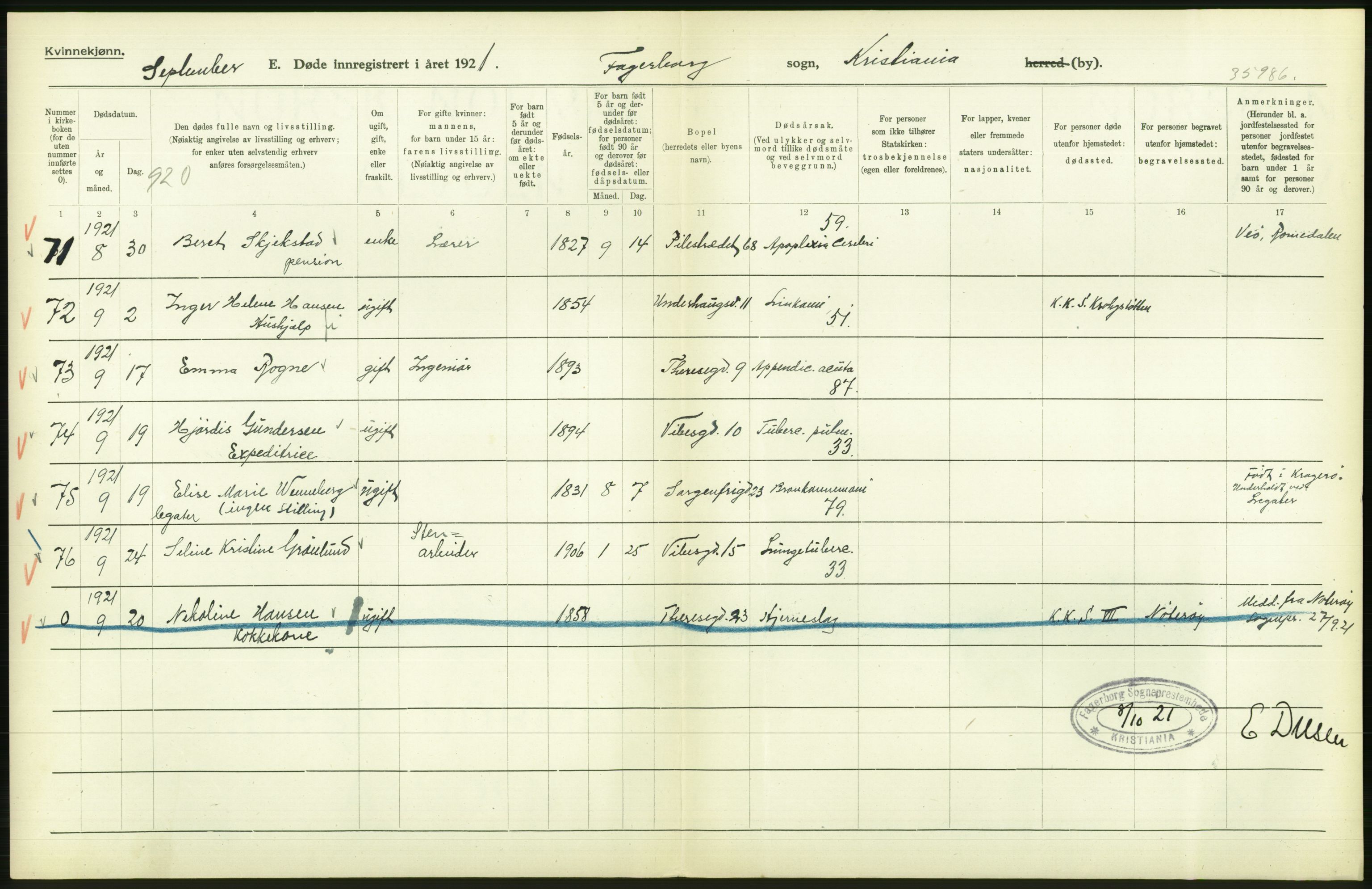 Statistisk sentralbyrå, Sosiodemografiske emner, Befolkning, AV/RA-S-2228/D/Df/Dfc/Dfca/L0012: Kristiania: Døde, 1921, p. 336