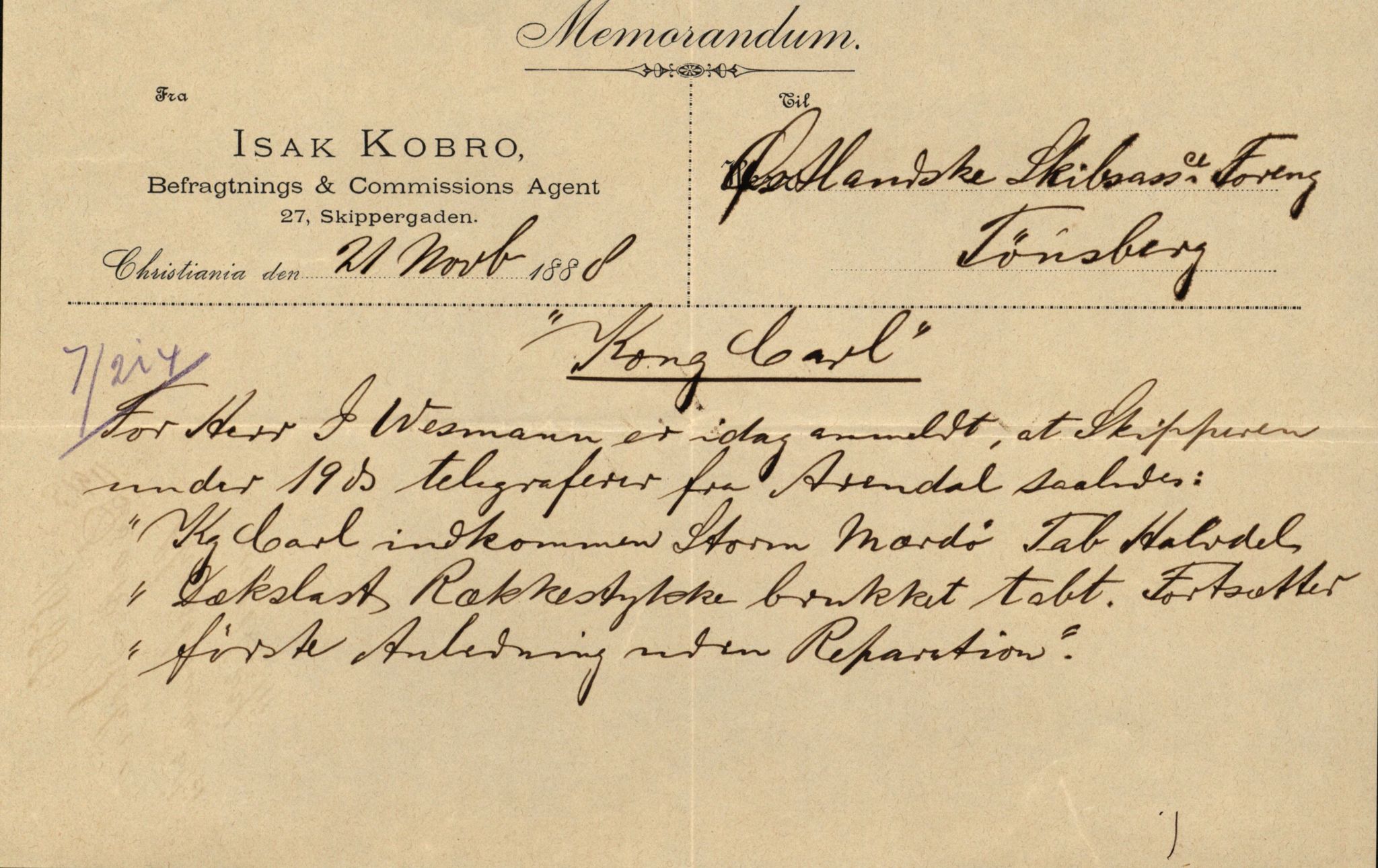 Pa 63 - Østlandske skibsassuranceforening, VEMU/A-1079/G/Ga/L0021/0004: Havaridokumenter / India, Jacbez, Jarlsberg, Kong Carl, Josephine, 1888, p. 50