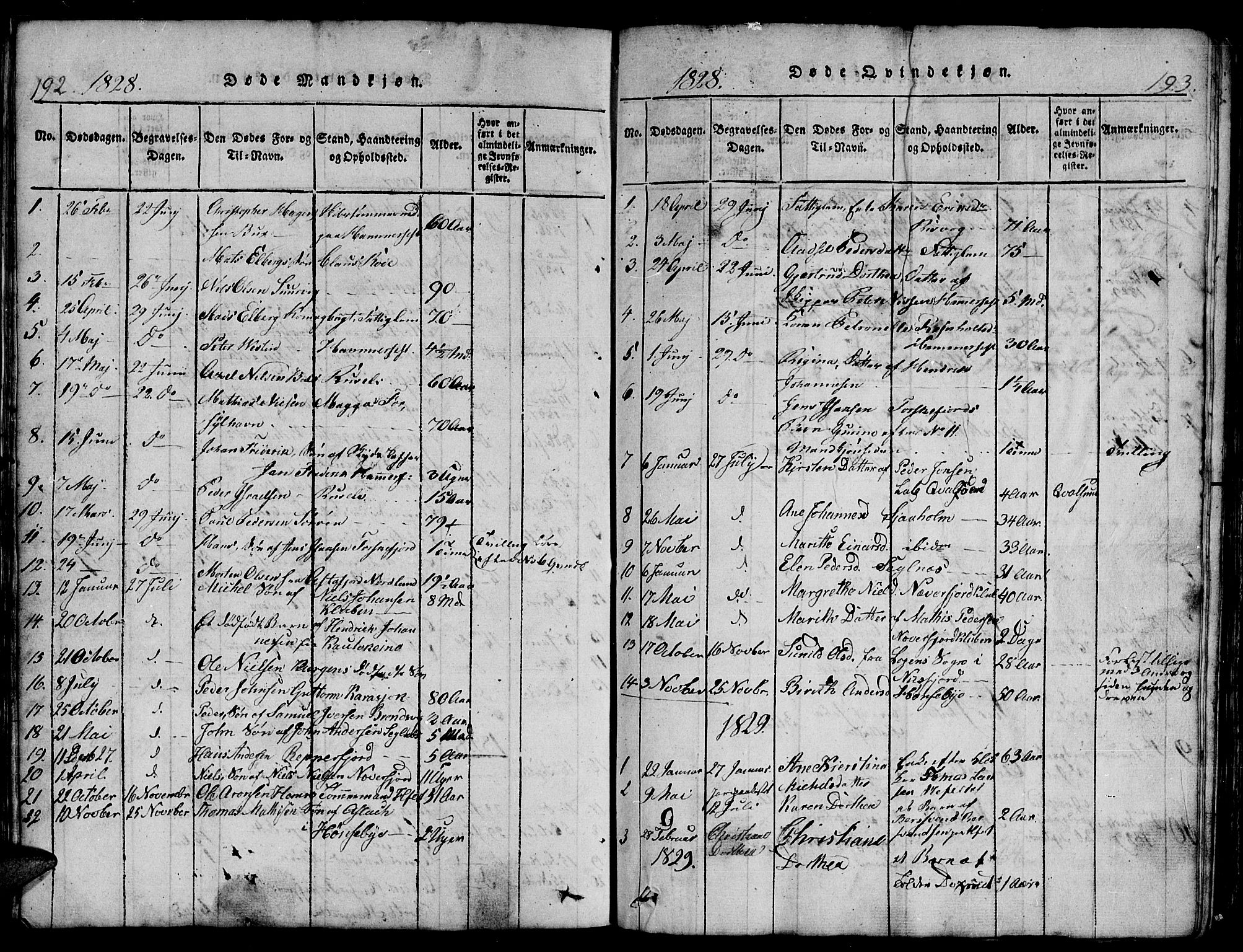 Hammerfest sokneprestkontor, SATØ/S-1347/H/Hb/L0001.klokk: Parish register (copy) no. 1, 1822-1850, p. 192-193
