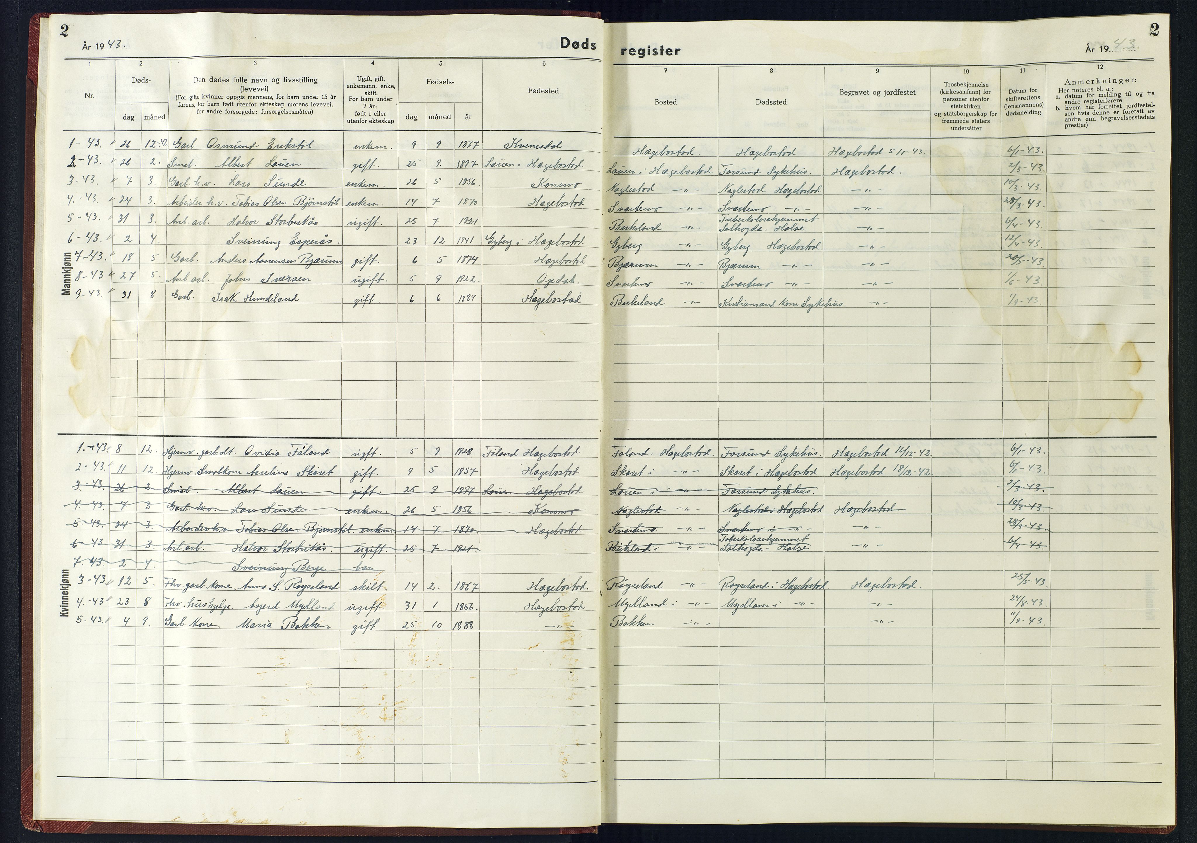 Hægebostad sokneprestkontor, SAK/1111-0024/J/Jb/L0003: II.6.3 - Dødsfallsregister Hægebostad, 1942-1945, p. 2