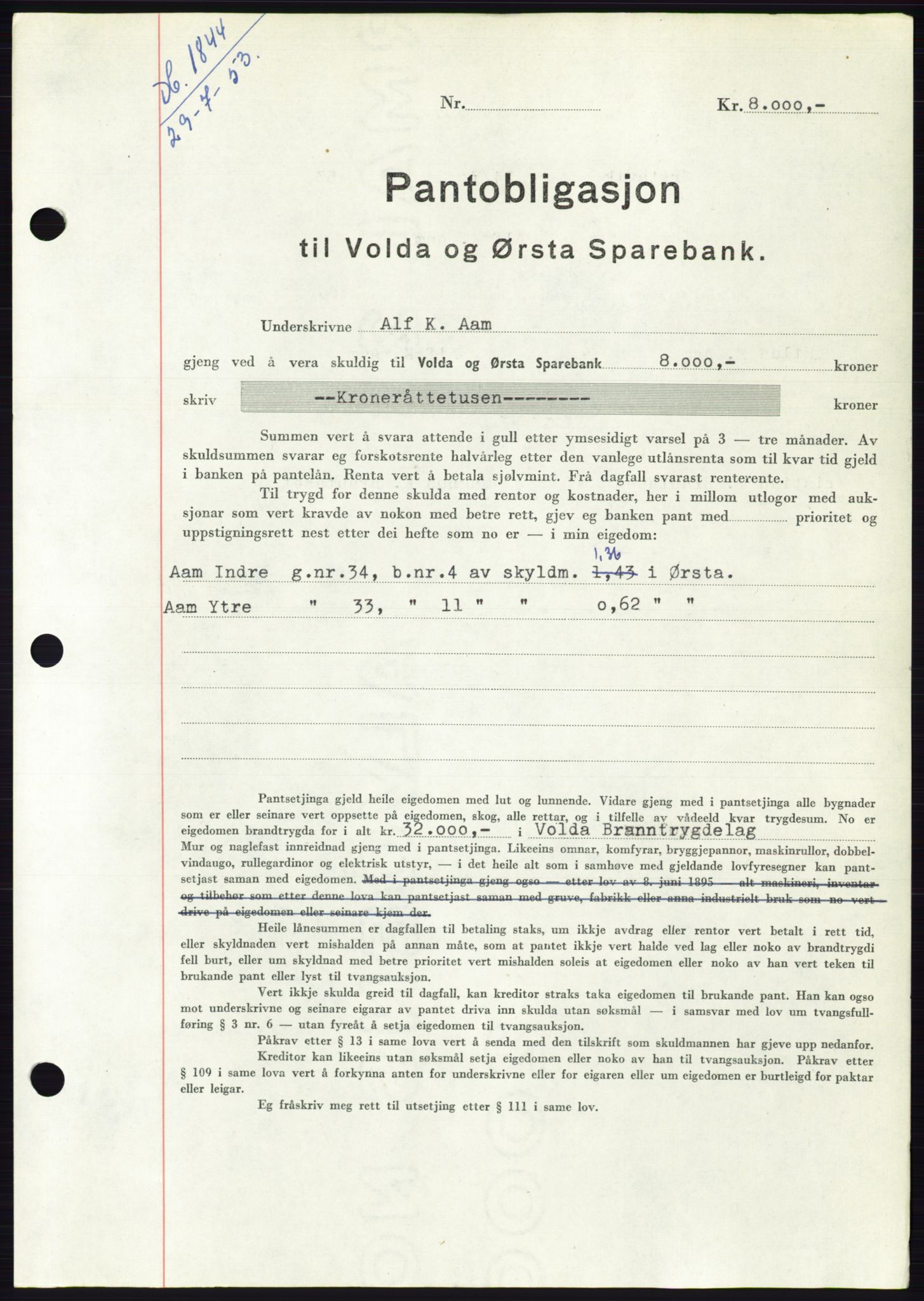 Søre Sunnmøre sorenskriveri, AV/SAT-A-4122/1/2/2C/L0123: Mortgage book no. 11B, 1953-1953, Diary no: : 1844/1953