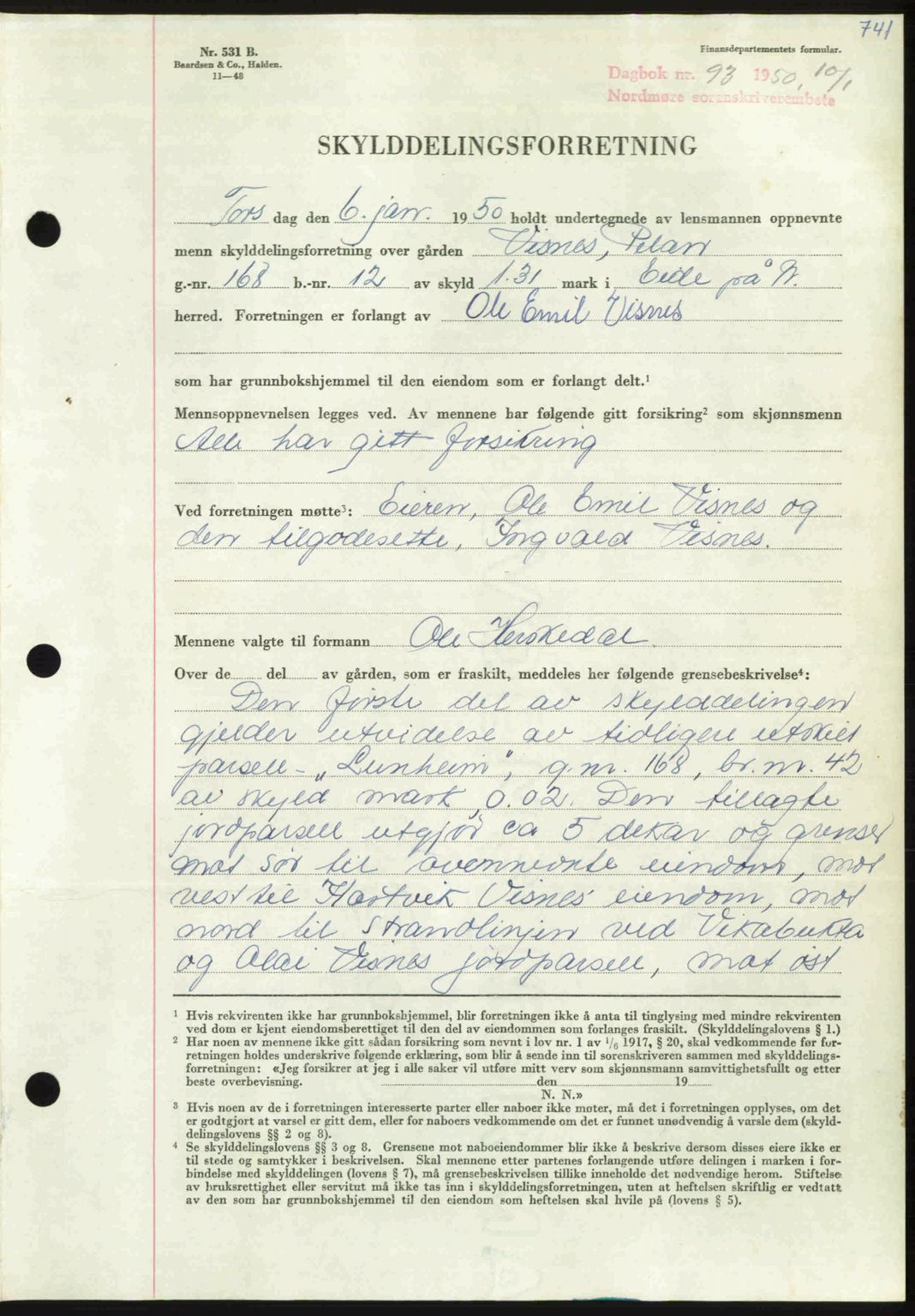 Nordmøre sorenskriveri, AV/SAT-A-4132/1/2/2Ca: Mortgage book no. A113, 1949-1950, Diary no: : 93/1950