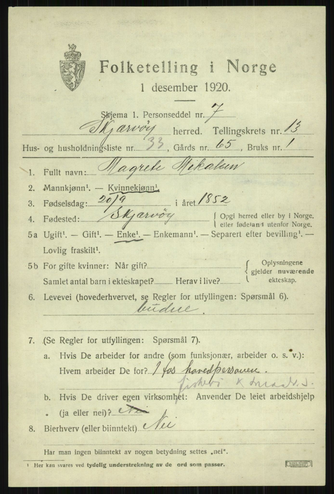 SATØ, 1920 census for Skjervøy, 1920, p. 6809