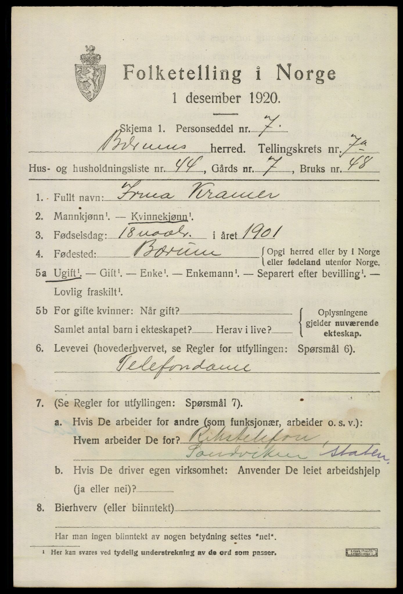 SAO, 1920 census for Bærum, 1920, p. 16626