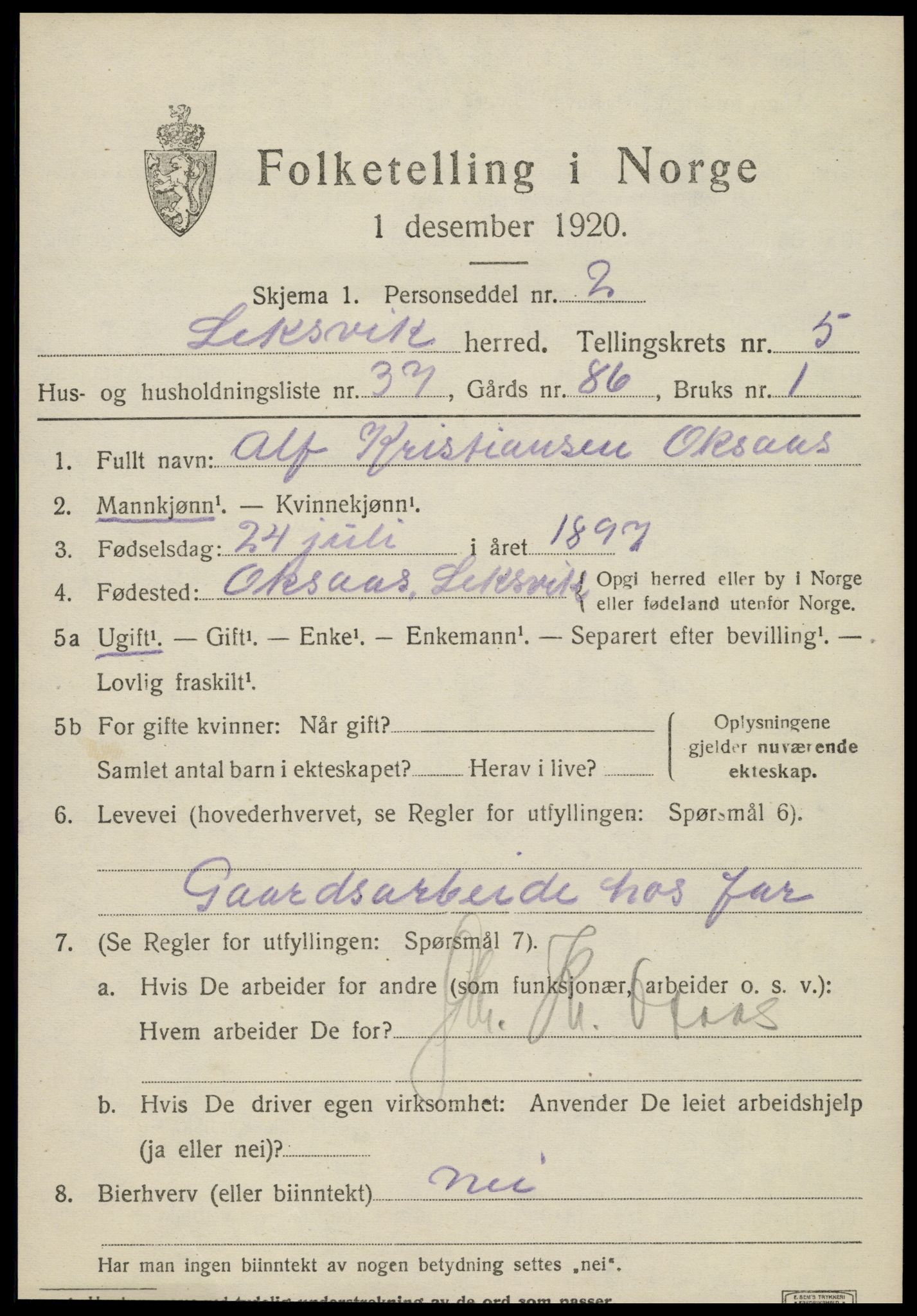 SAT, 1920 census for Leksvik, 1920, p. 5252