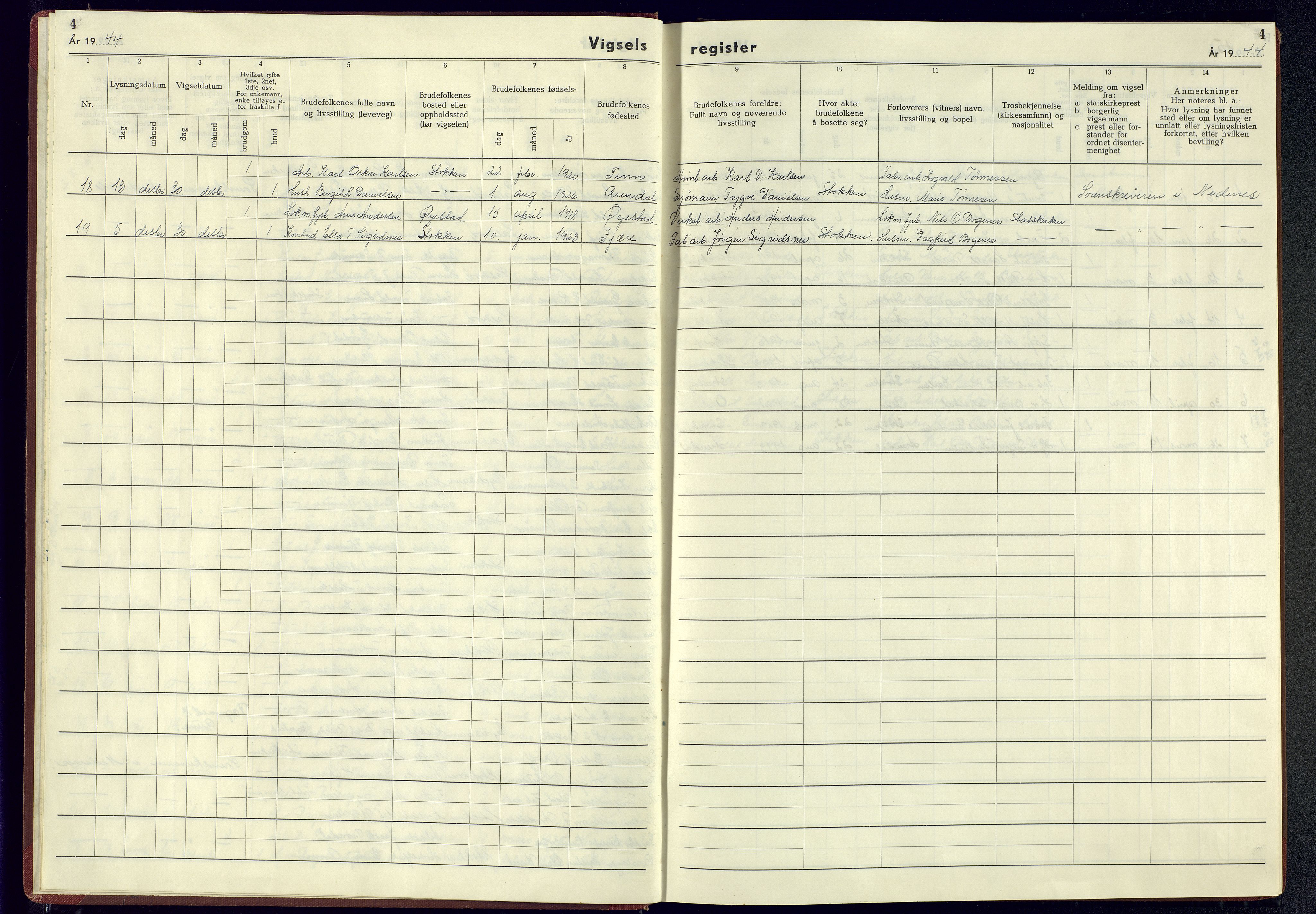 Austre Moland sokneprestkontor, AV/SAK-1111-0001/J/Jb/L0003: Marriage register no. A-VI-19, 1942-1945, p. 4