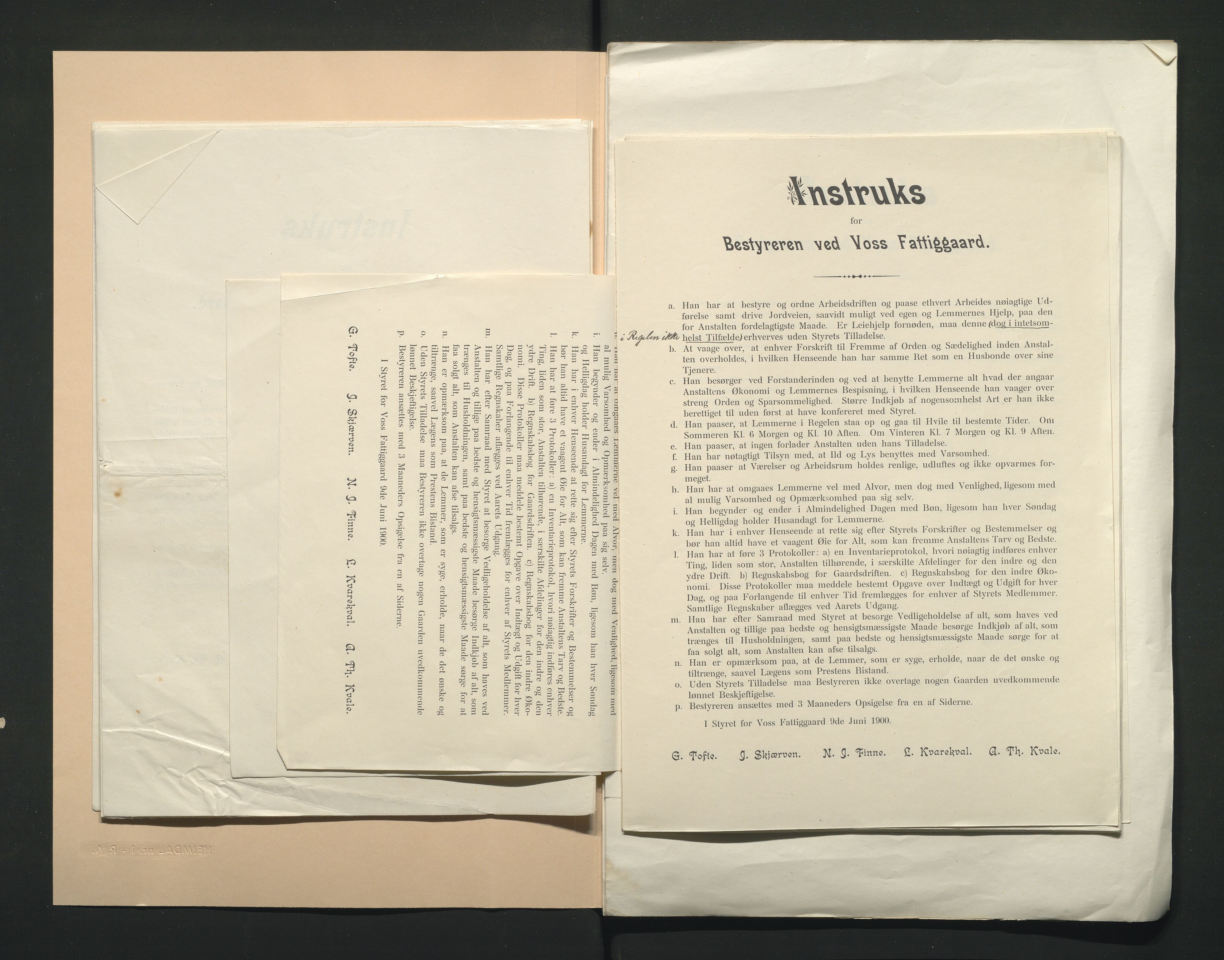 Voss kommune. Voss fattiggard / Heradsgarden , IKAH/1235-321/D/Da/L0001/0001: Saksarkiv / Instruks for bestyreren v/ Voss Fattiggard, 1900