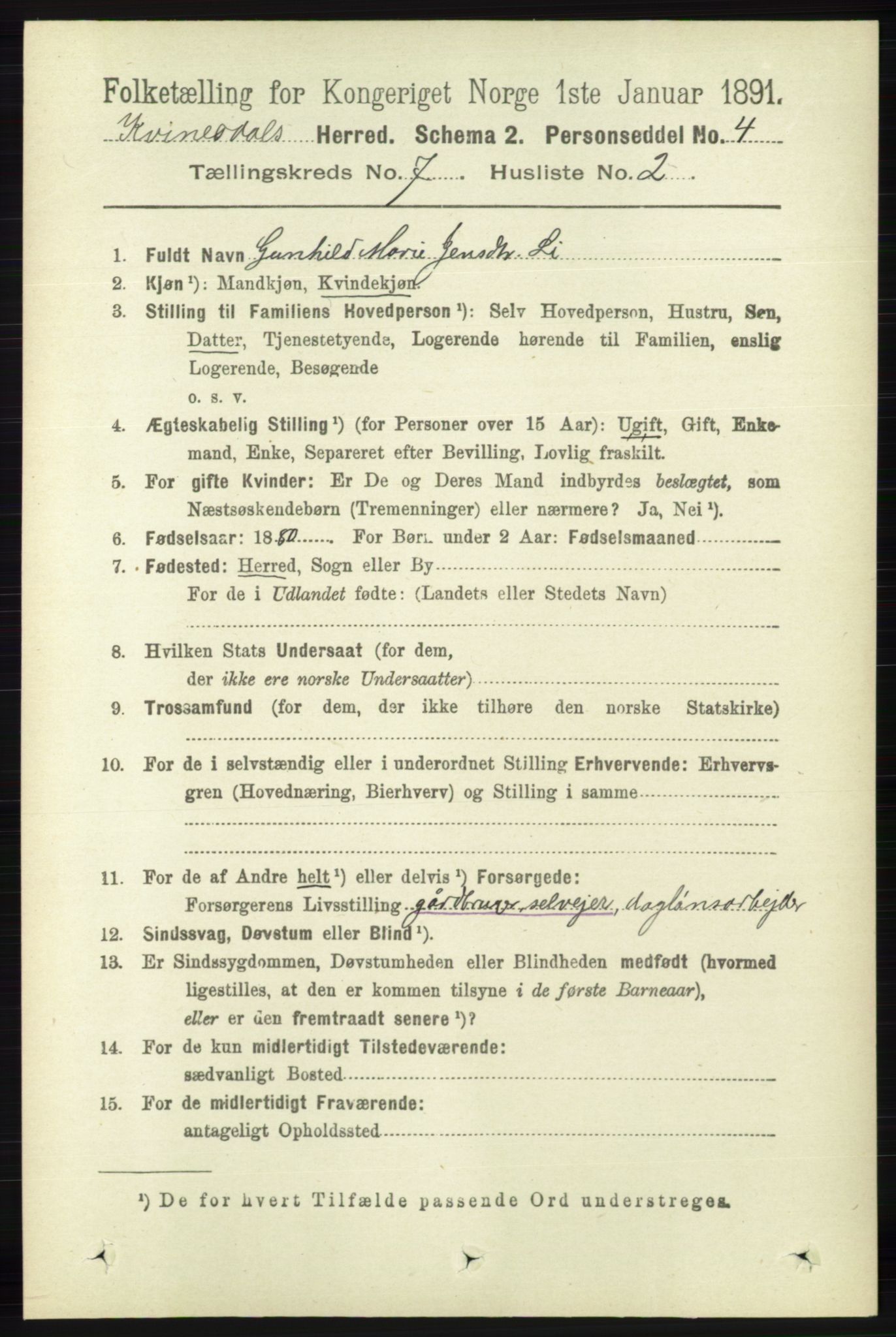 RA, 1891 census for 1037 Kvinesdal, 1891, p. 2431