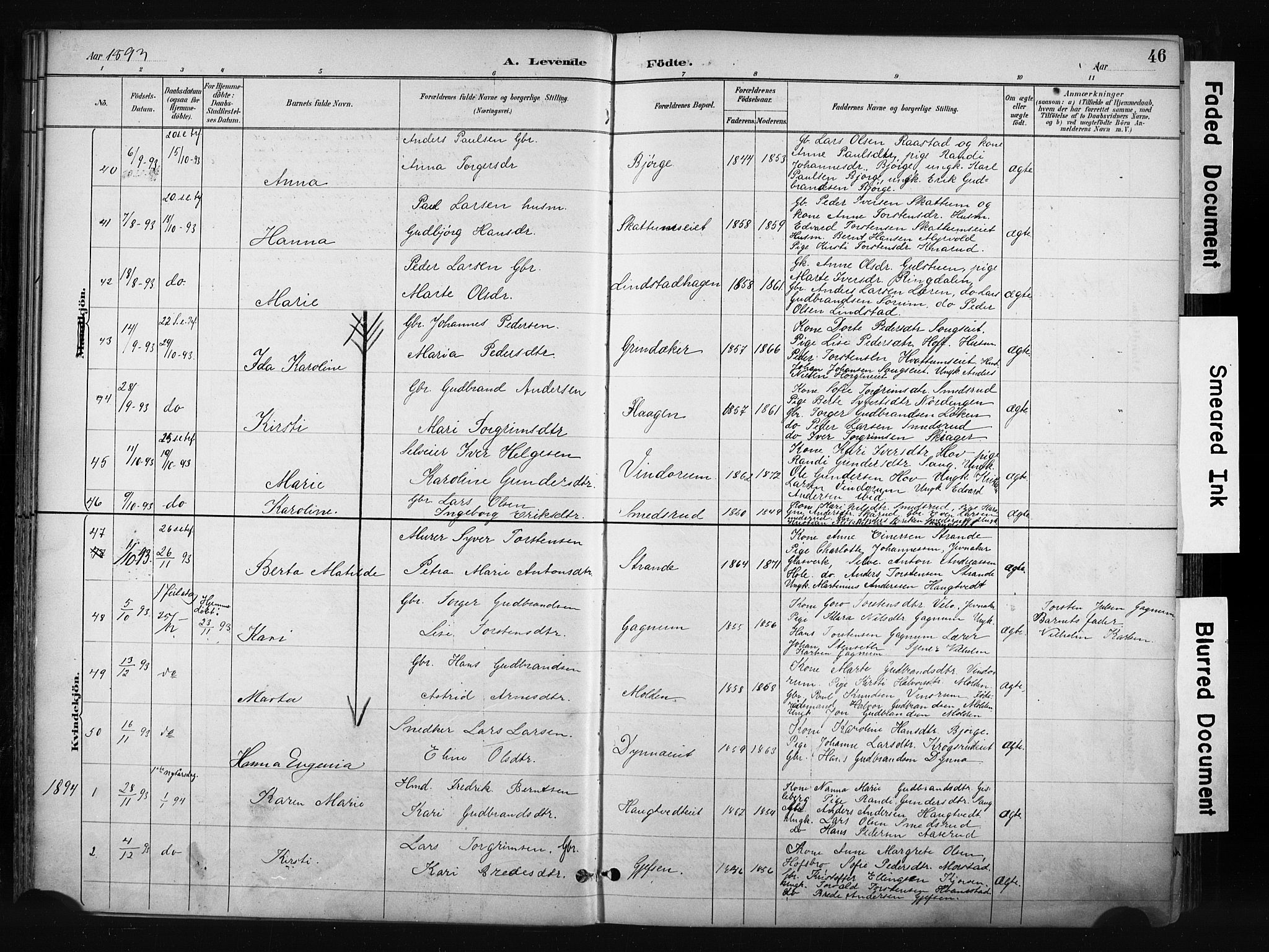 Gran prestekontor, SAH/PREST-112/H/Ha/Haa/L0017: Parish register (official) no. 17, 1889-1897, p. 46