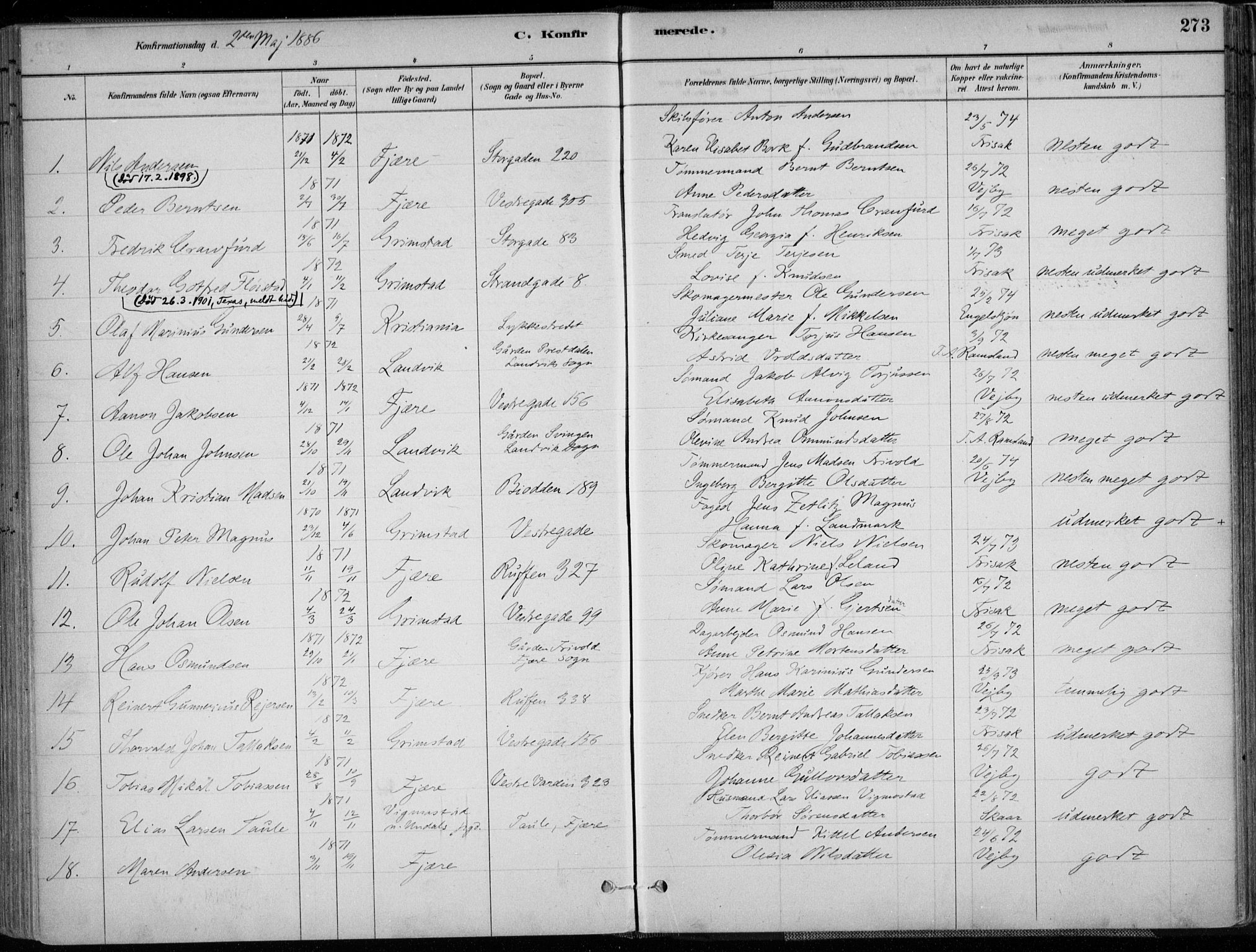 Grimstad sokneprestkontor, SAK/1111-0017/F/Fa/L0003: Parish register (official) no. A 2, 1882-1912, p. 273