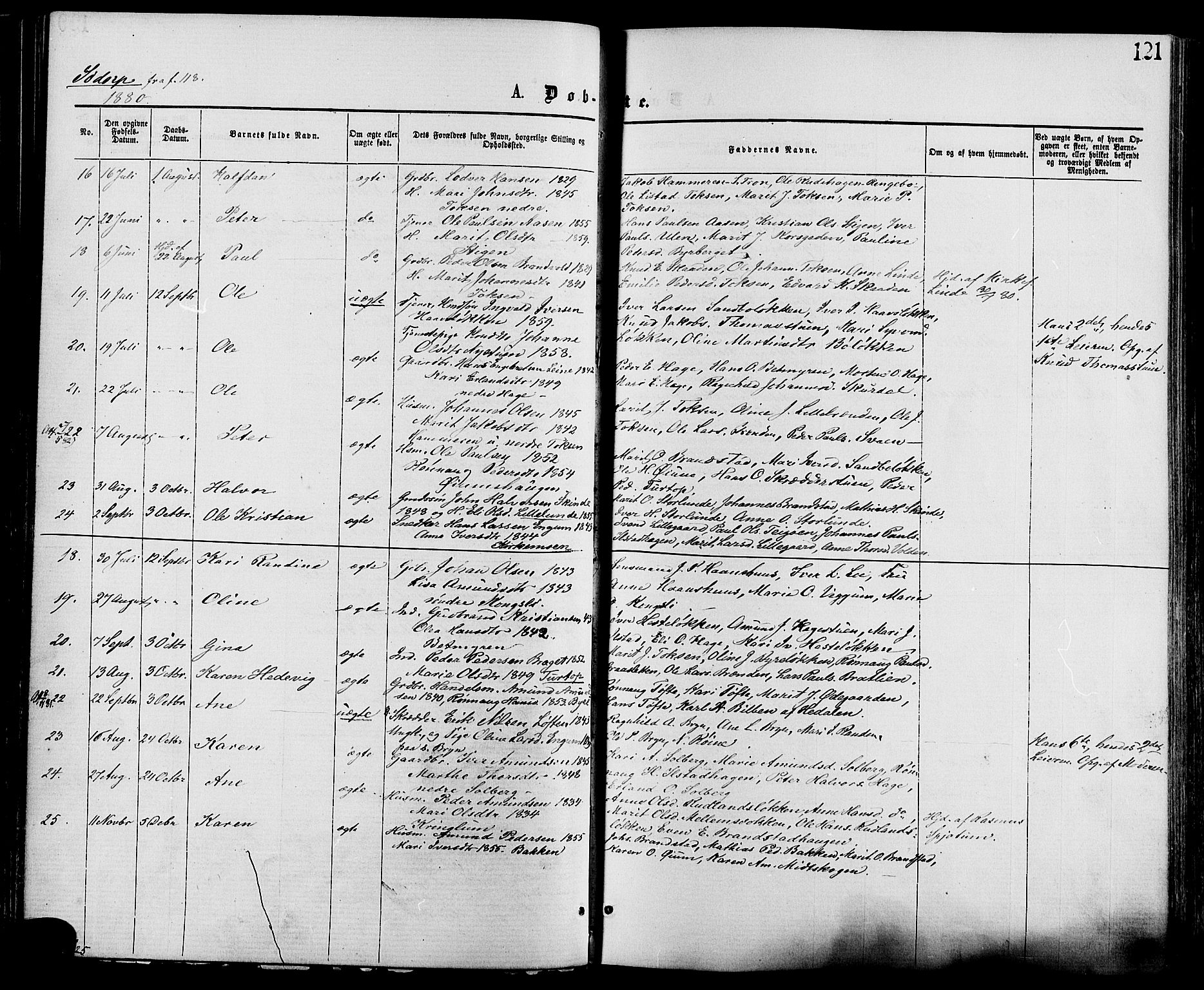 Nord-Fron prestekontor, AV/SAH-PREST-080/H/Ha/Haa/L0002: Parish register (official) no. 2, 1865-1883, p. 121