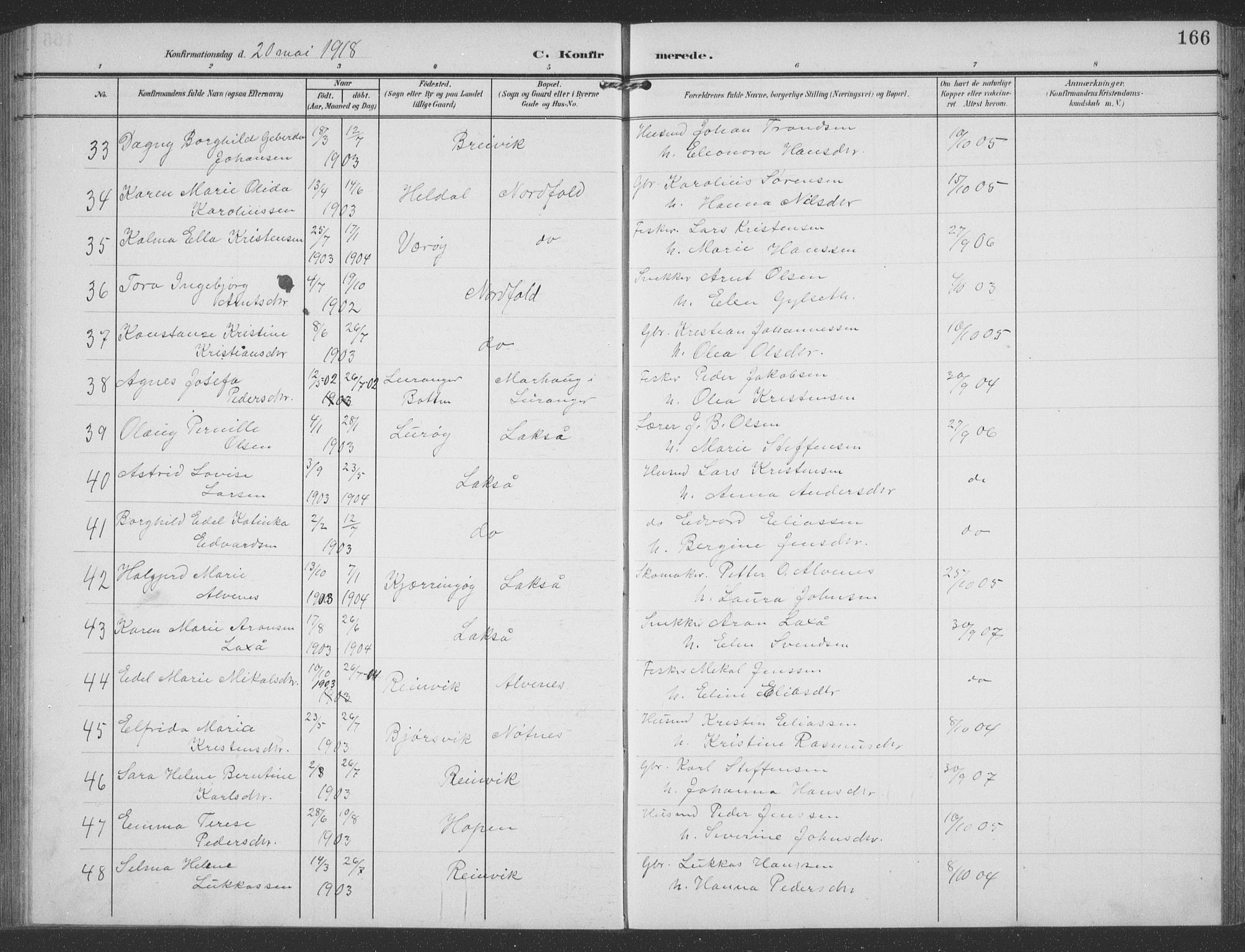 Ministerialprotokoller, klokkerbøker og fødselsregistre - Nordland, AV/SAT-A-1459/858/L0835: Parish register (copy) no. 858C02, 1904-1940, p. 166