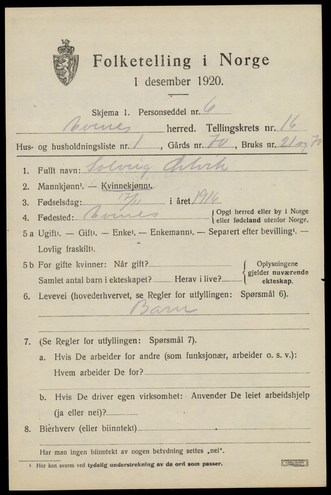 SAT, 1920 census for Evenes, 1920, p. 13192