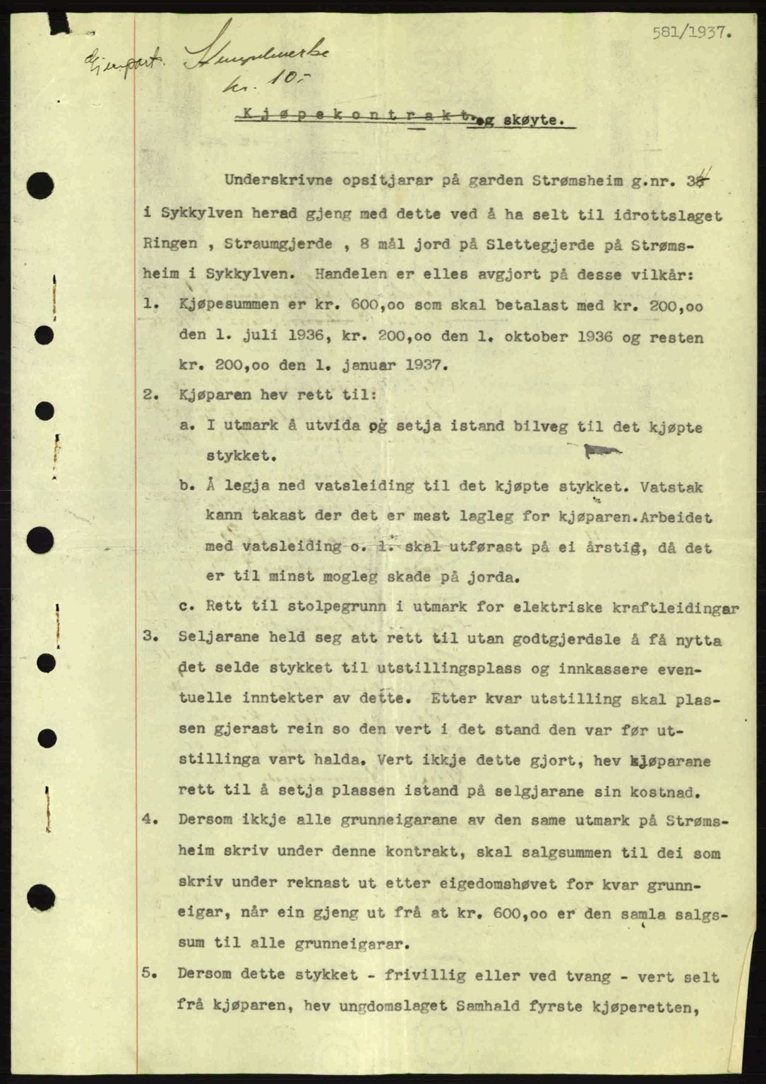 Nordre Sunnmøre sorenskriveri, AV/SAT-A-0006/1/2/2C/2Ca: Mortgage book no. A2, 1936-1937, Diary no: : 581/1937