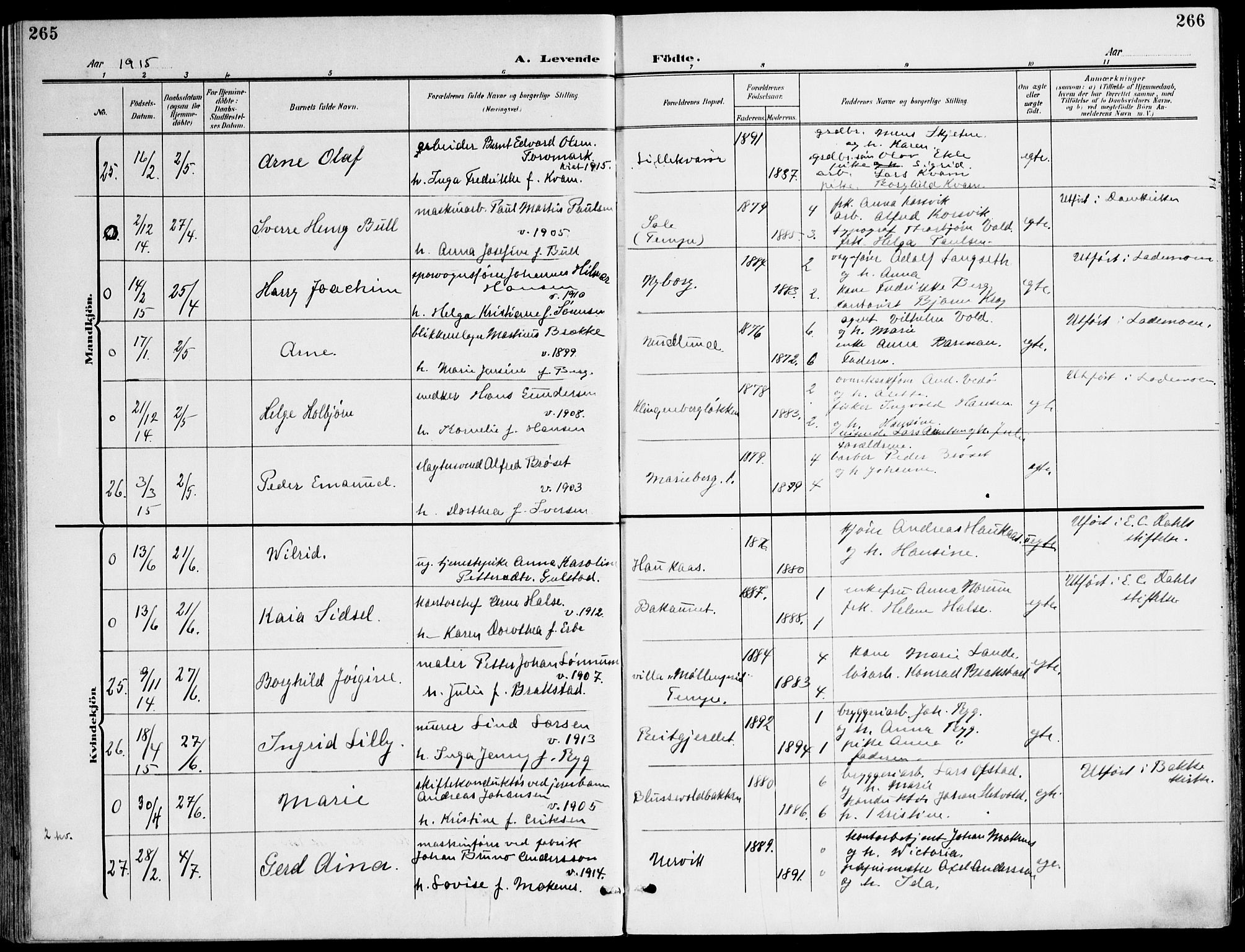 Ministerialprotokoller, klokkerbøker og fødselsregistre - Sør-Trøndelag, SAT/A-1456/607/L0320: Parish register (official) no. 607A04, 1907-1915, p. 265-266