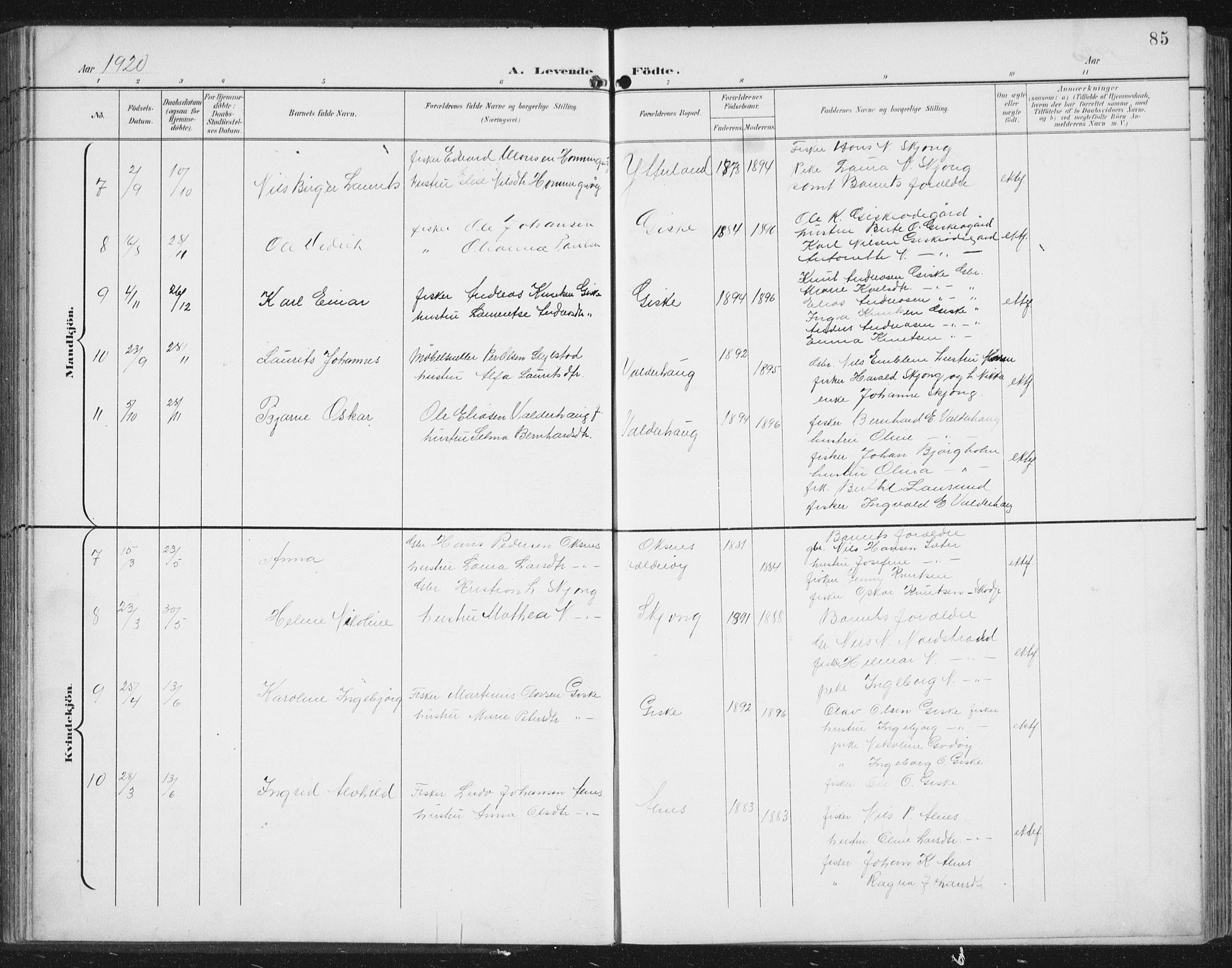 Ministerialprotokoller, klokkerbøker og fødselsregistre - Møre og Romsdal, AV/SAT-A-1454/534/L0489: Parish register (copy) no. 534C01, 1899-1941, p. 85