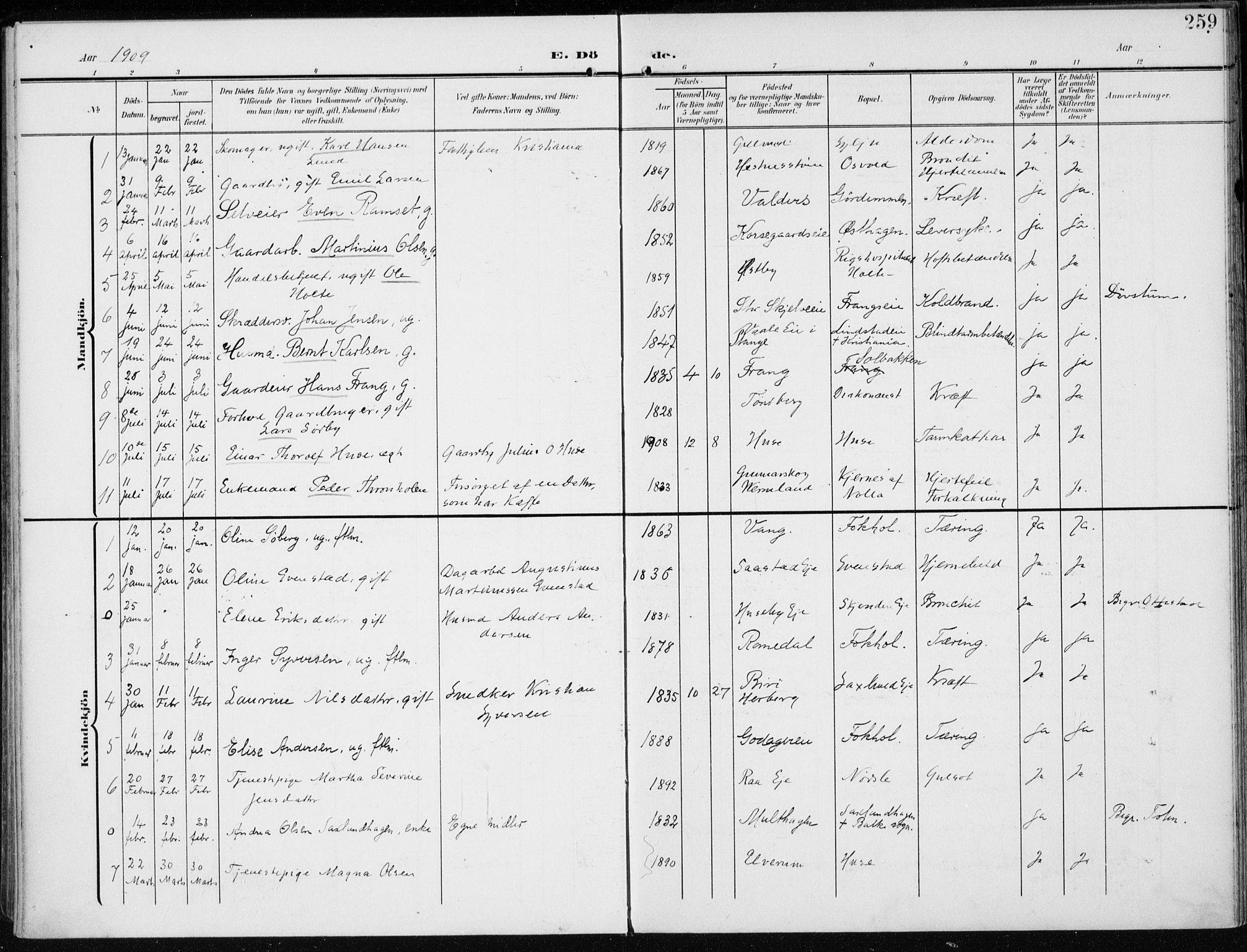 Stange prestekontor, AV/SAH-PREST-002/K/L0024: Parish register (official) no. 24, 1906-1922, p. 259