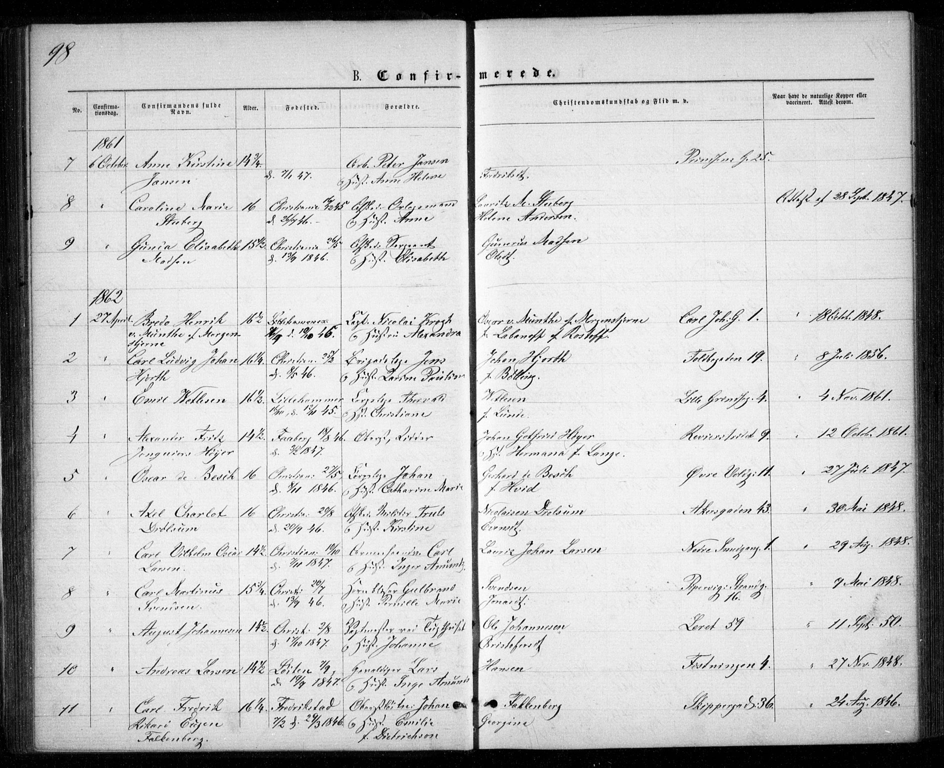 Garnisonsmenigheten Kirkebøker, SAO/A-10846/G/Ga/L0006: Parish register (copy) no. 6, 1860-1880, p. 98