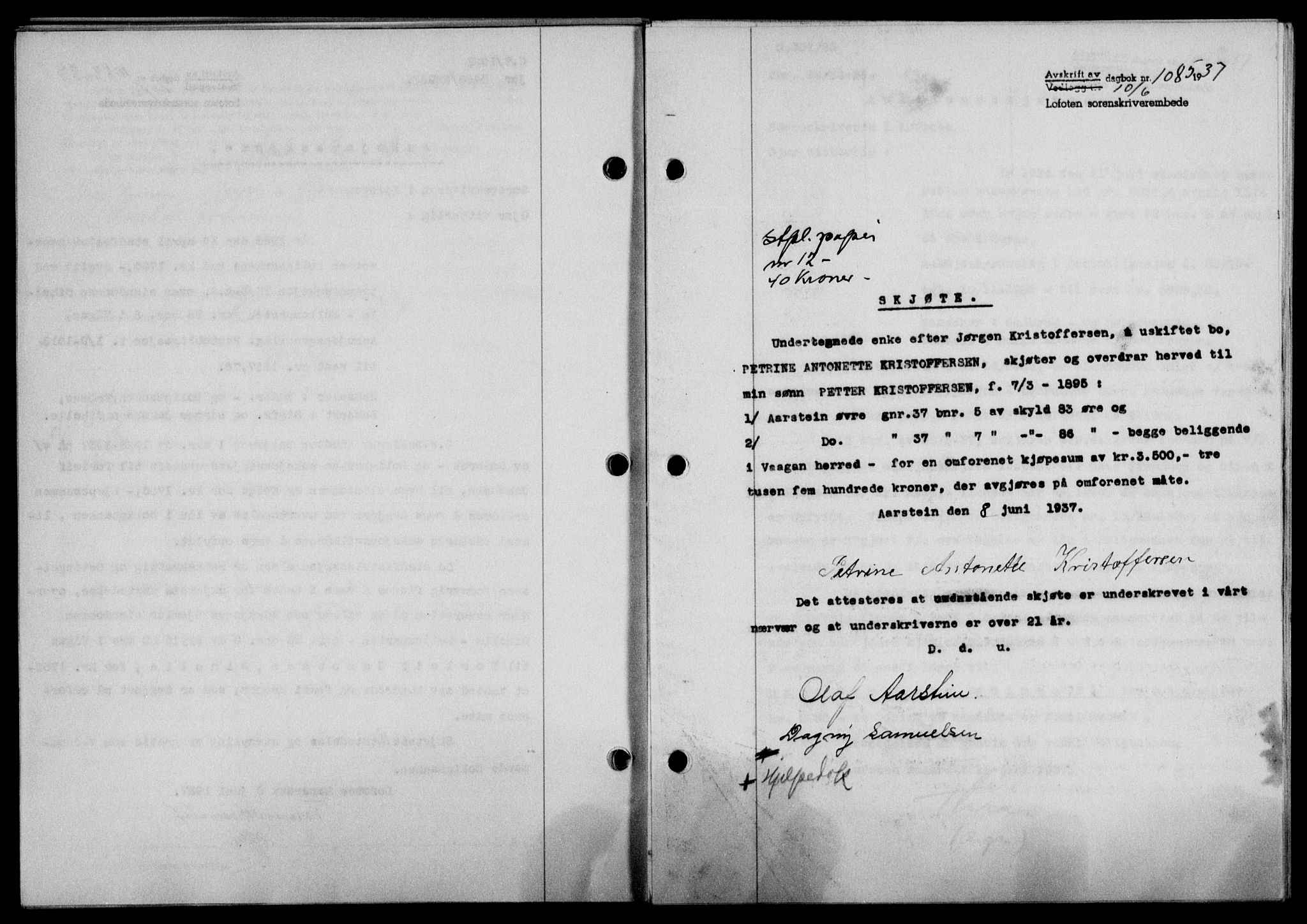Lofoten sorenskriveri, SAT/A-0017/1/2/2C/L0002a: Mortgage book no. 2a, 1937-1937, Diary no: : 1085/1937