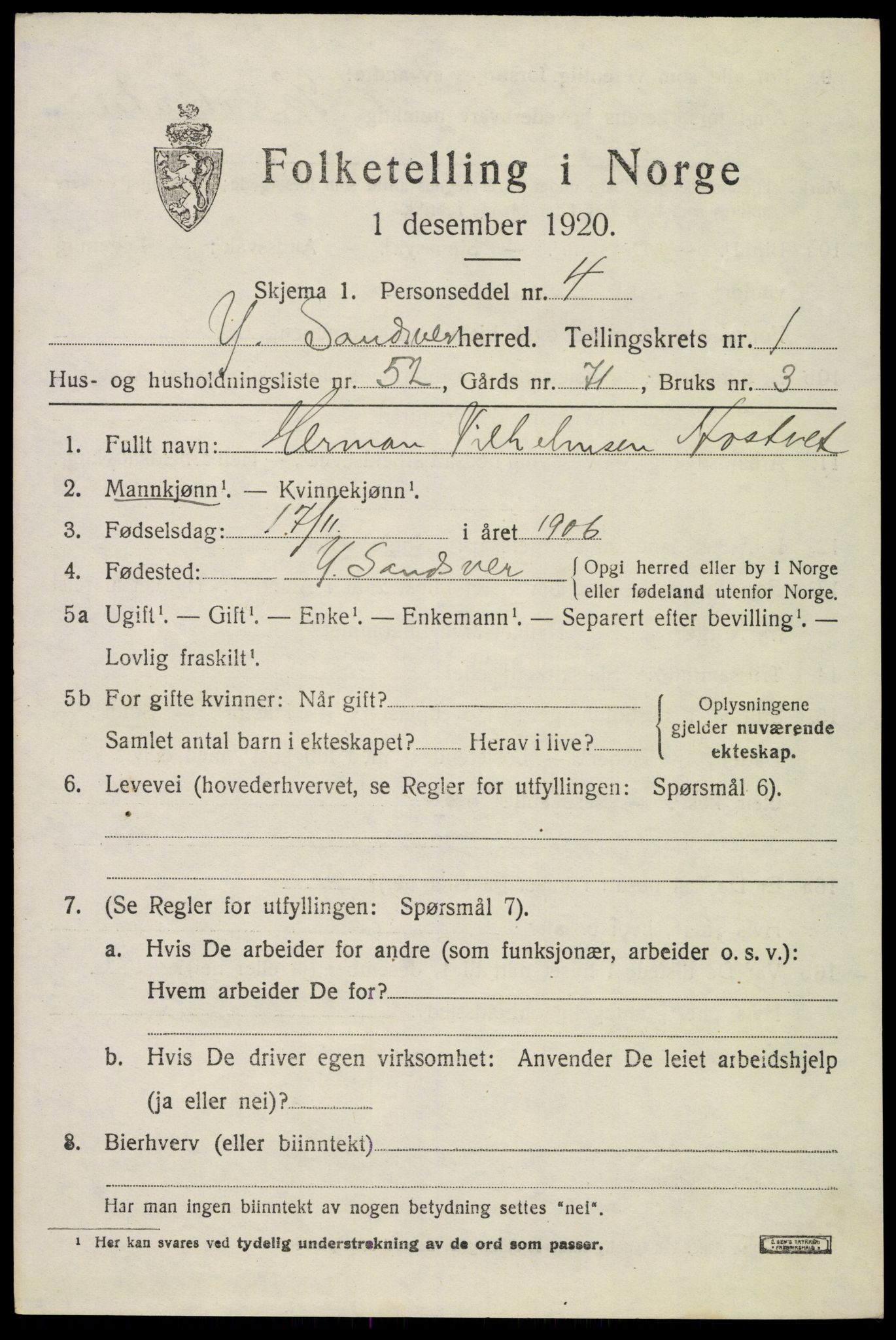 SAKO, 1920 census for Ytre Sandsvær, 1920, p. 1702