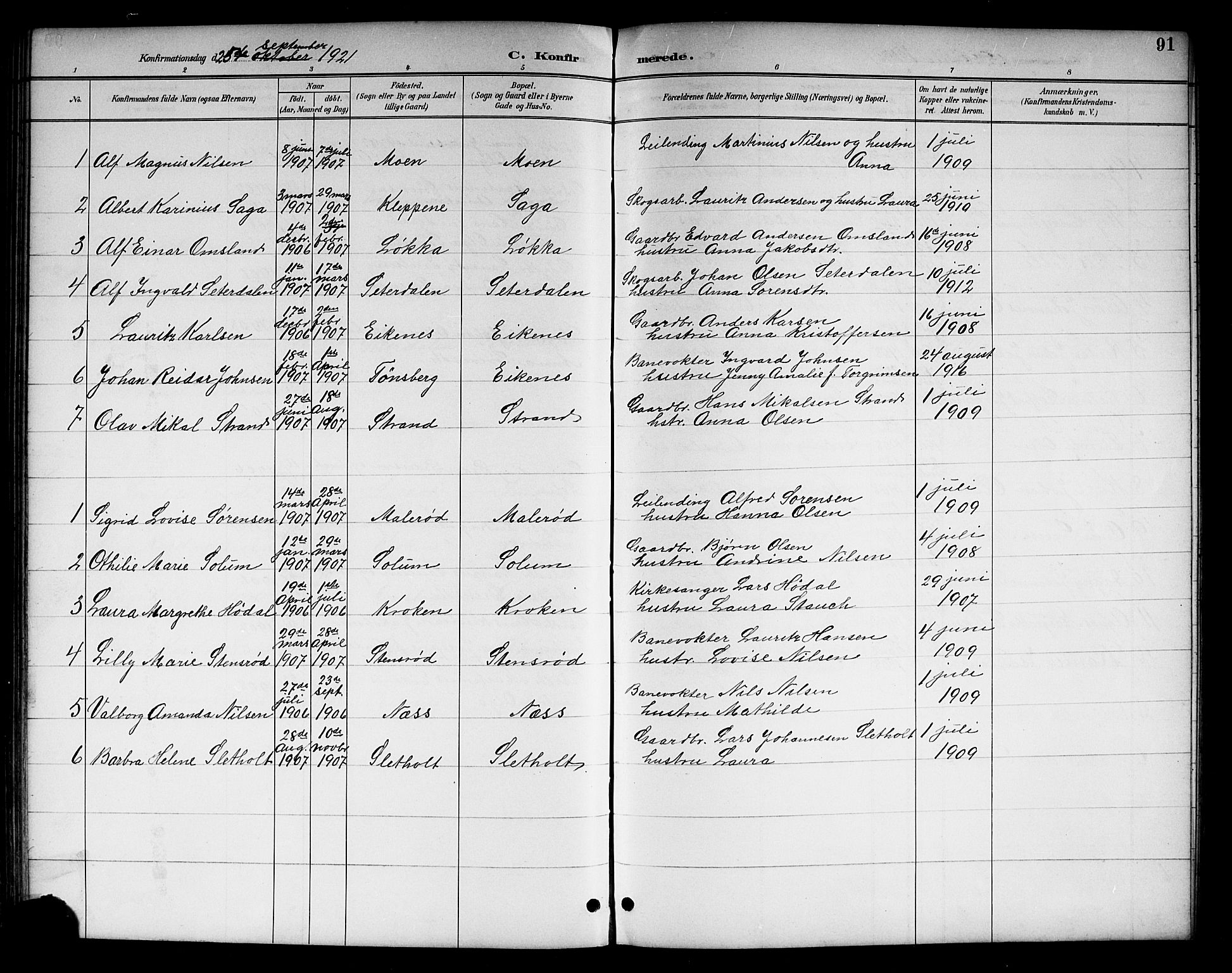 Brunlanes kirkebøker, SAKO/A-342/G/Gc/L0002: Parish register (copy) no. III 2, 1891-1922, p. 91