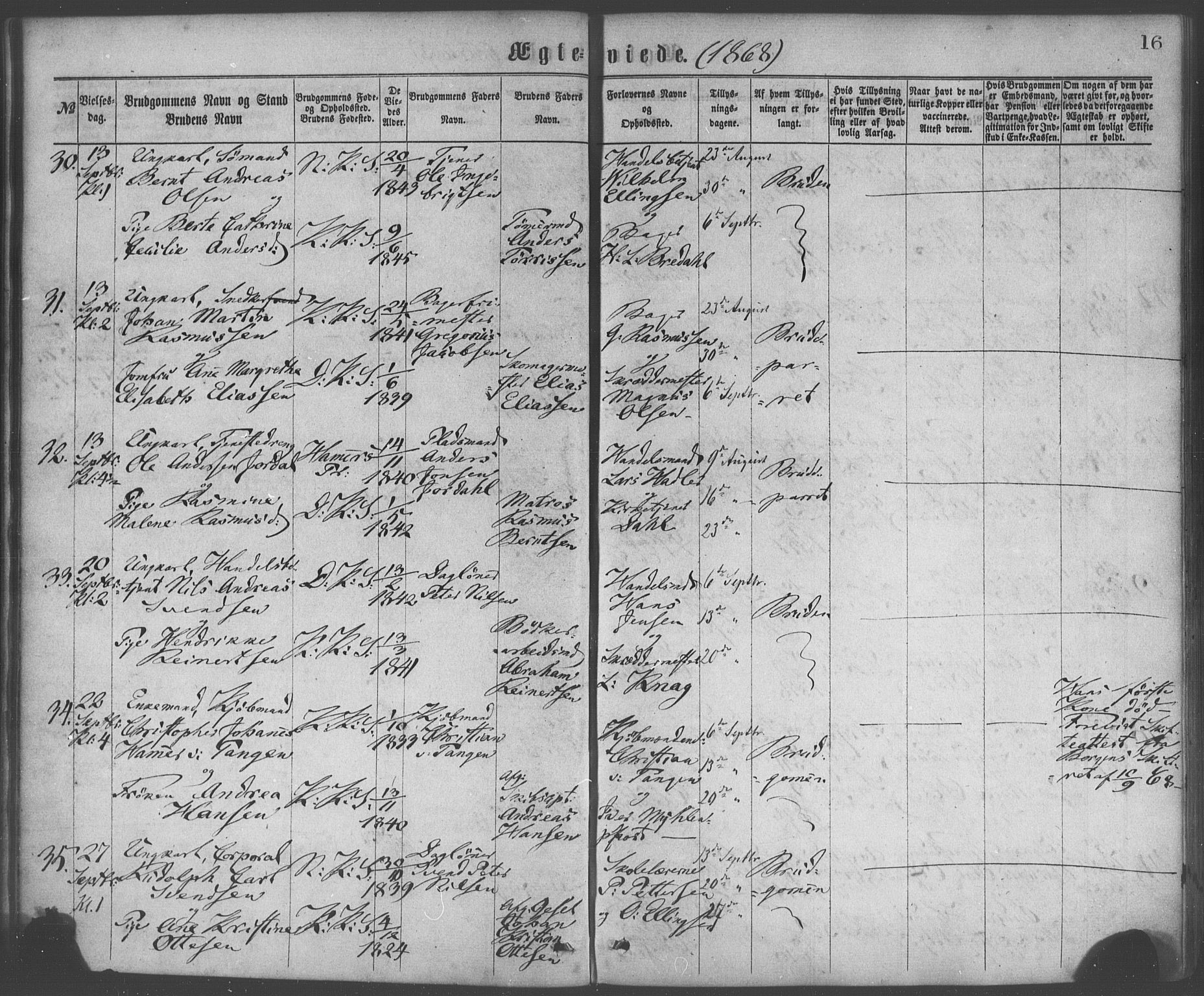 Korskirken sokneprestembete, AV/SAB-A-76101/H/Haa/L0036: Parish register (official) no. D 3, 1867-1882, p. 16