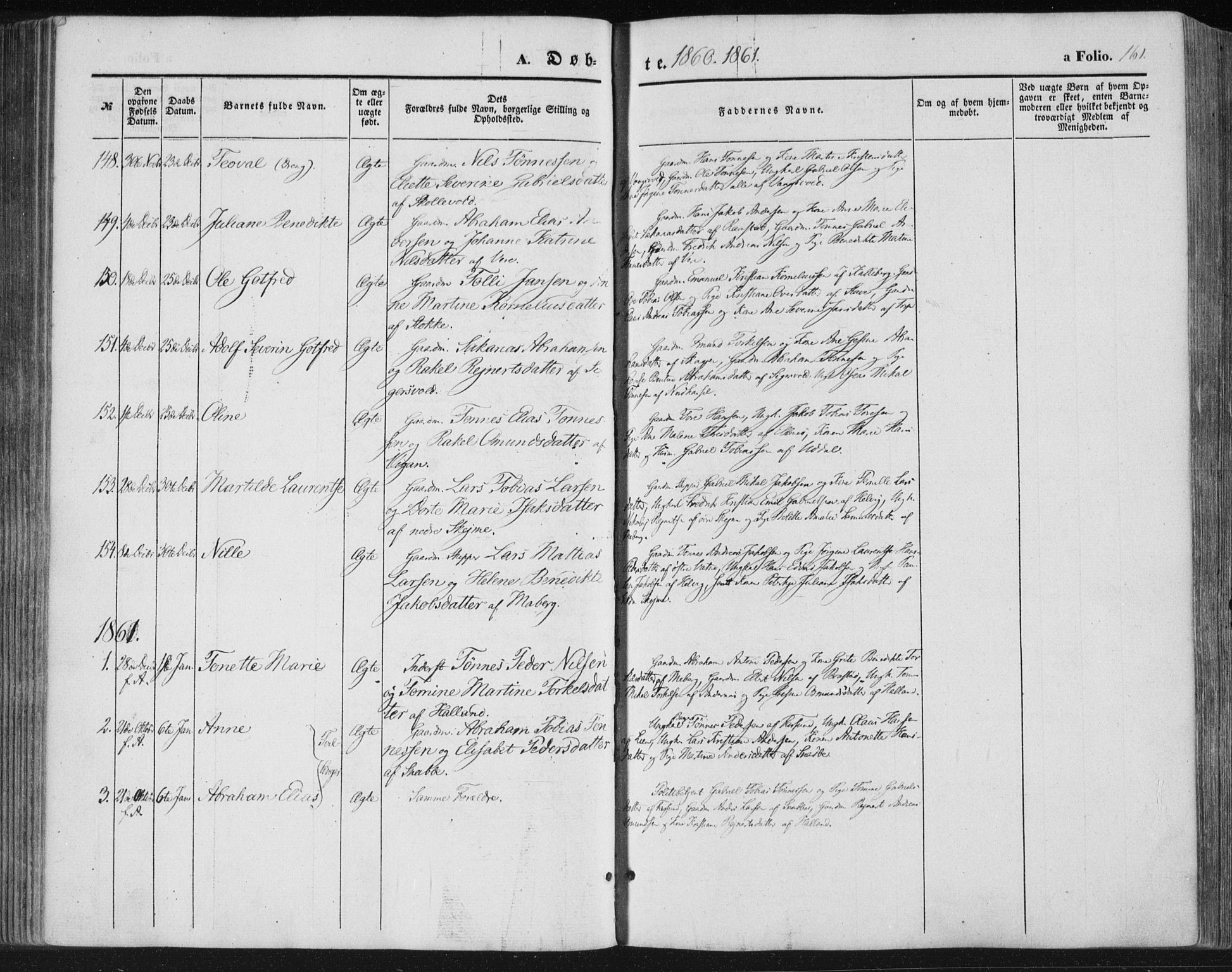 Lista sokneprestkontor, AV/SAK-1111-0027/F/Fa/L0010: Parish register (official) no. A 10, 1846-1861, p. 161