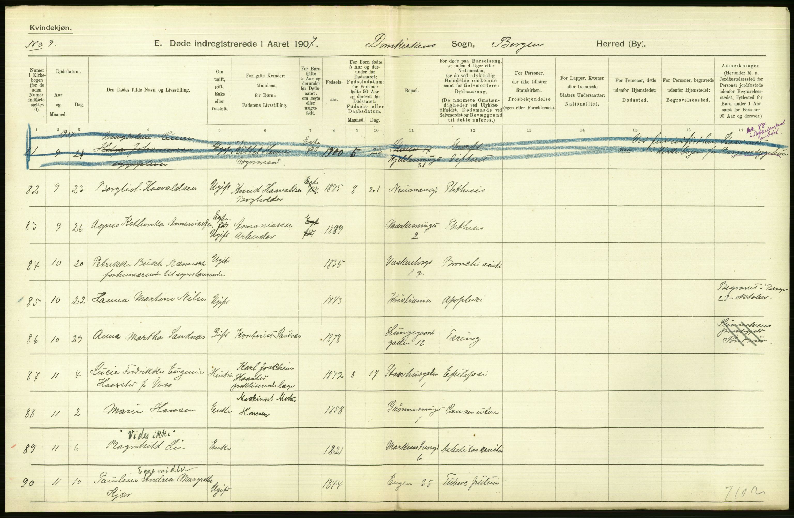 Statistisk sentralbyrå, Sosiodemografiske emner, Befolkning, RA/S-2228/D/Df/Dfa/Dfae/L0031: Bergen: gifte, døde, dødfødte., 1907, p. 292