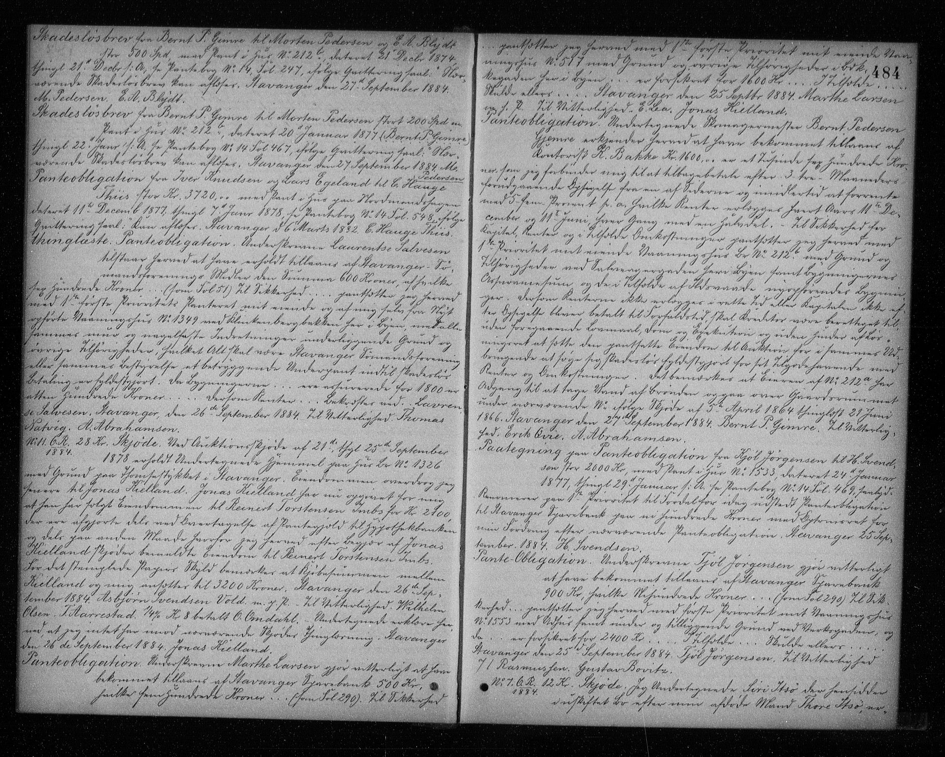 Stavanger byfogd, AV/SAST-A-101408/001/4/41/410/410BB/L0023: Mortgage book no. 15b, 1883-1886, p. 484